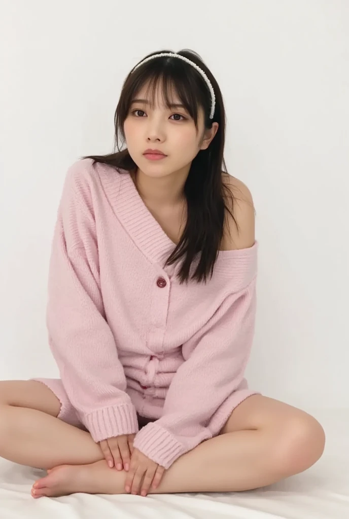 Full body shot from the front、Wear off-the-shoulder mini one-piece pajamas, bend your knees, spread your legs, take a cross-legged pose, and sit while looking at me, Slender bare legs 、smile、The background is a monotone 

