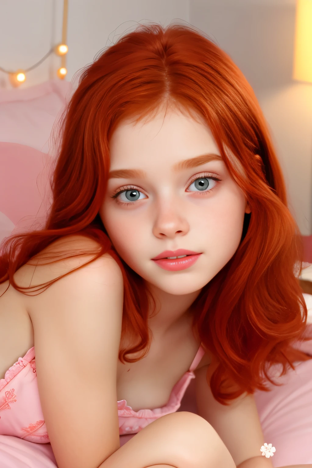 young baby face redhead cute girlvery young attracive female human body anatomically perfect, 13yo redhead, lie down on bed, she is ready for sleep, wavy long hair, named Nicole,. lomg hair, marsmallow light pink puffy nipples
