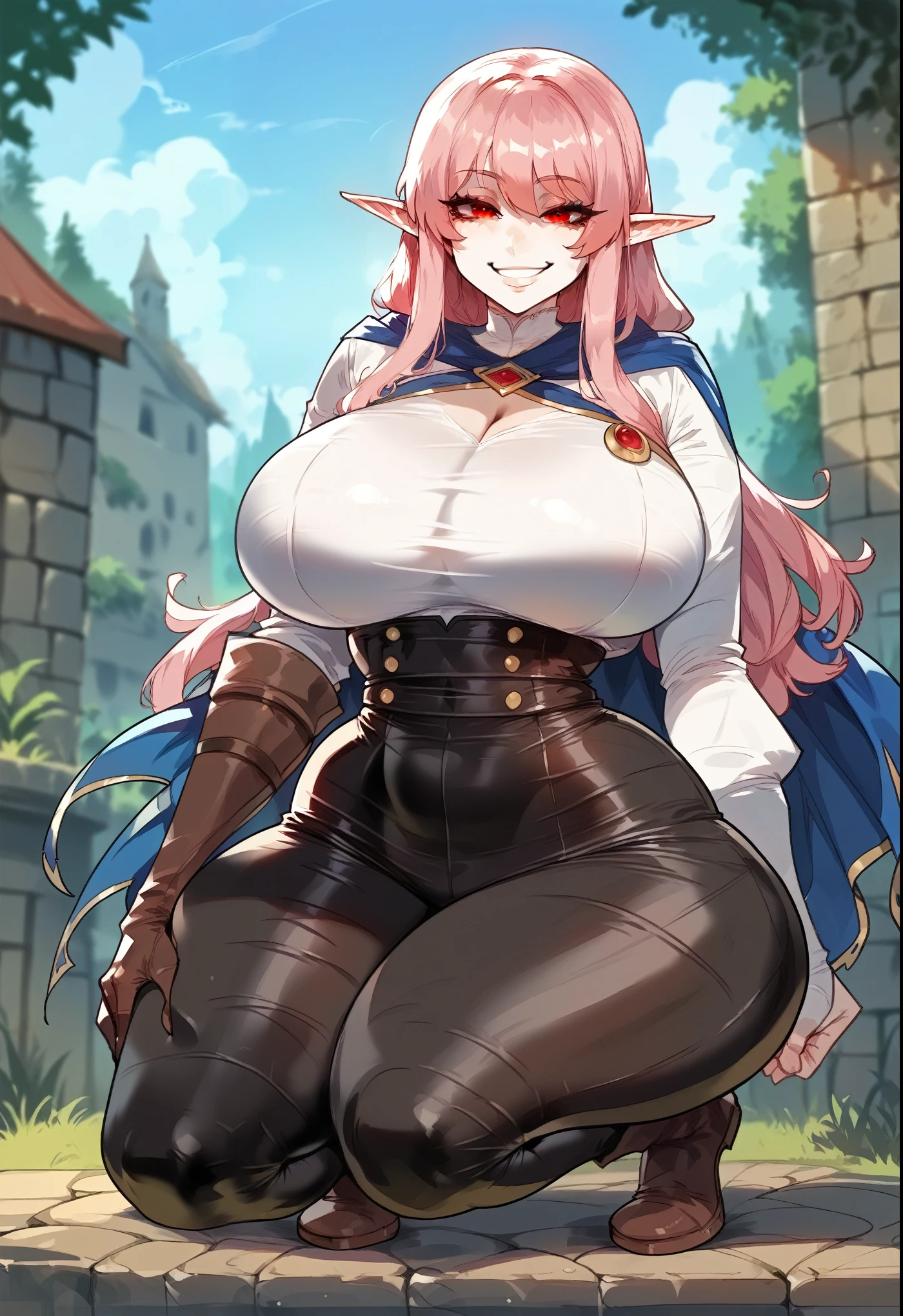 1 girl, pink hair, elf girl, short hair, archer class, wearing leather clothes and a blue cape, white skin, red eyes, shows an innocent look, ((whole body))、((smile:1))、((Beautiful Eyes:1.2))、((Huge breasts:1.0))、((Narrow waist))、Long Hair、((Big Hips:1.1))、((Oily skin:1.2))、、((Squat:1.1))、((smile:1.1))、Sweep your hair back、Attractive body, Curvy Legs、Emphasize the chest、Realistic Skin、Perfect body, Perfect Eyes、Highest quality、Super Resolution、Digital Illustration,