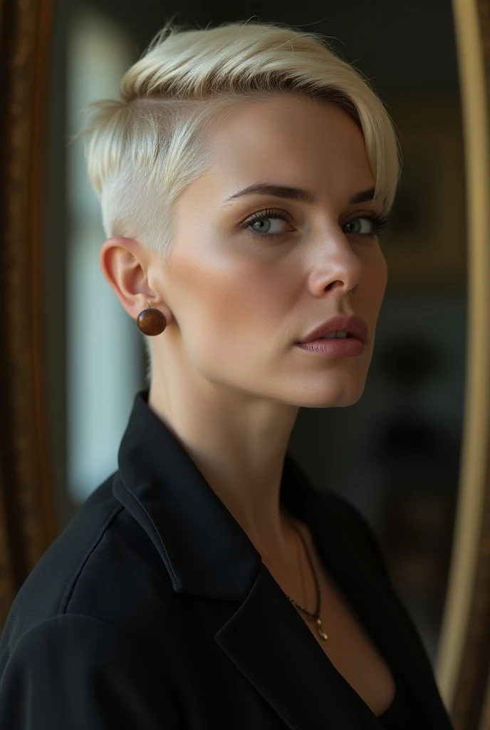 Photograph of a beautiful girl, in an underground parking lot, hot girl, Big tits, very very short blond hair, shaved hair on the sides with a small punk crete, symmetrical face, photorealistic, photography, spectacular lighting, beautiful, décolleté, (Masterpice), best quality, high resolution, extremely detailed, depth of field, cinematic lighting