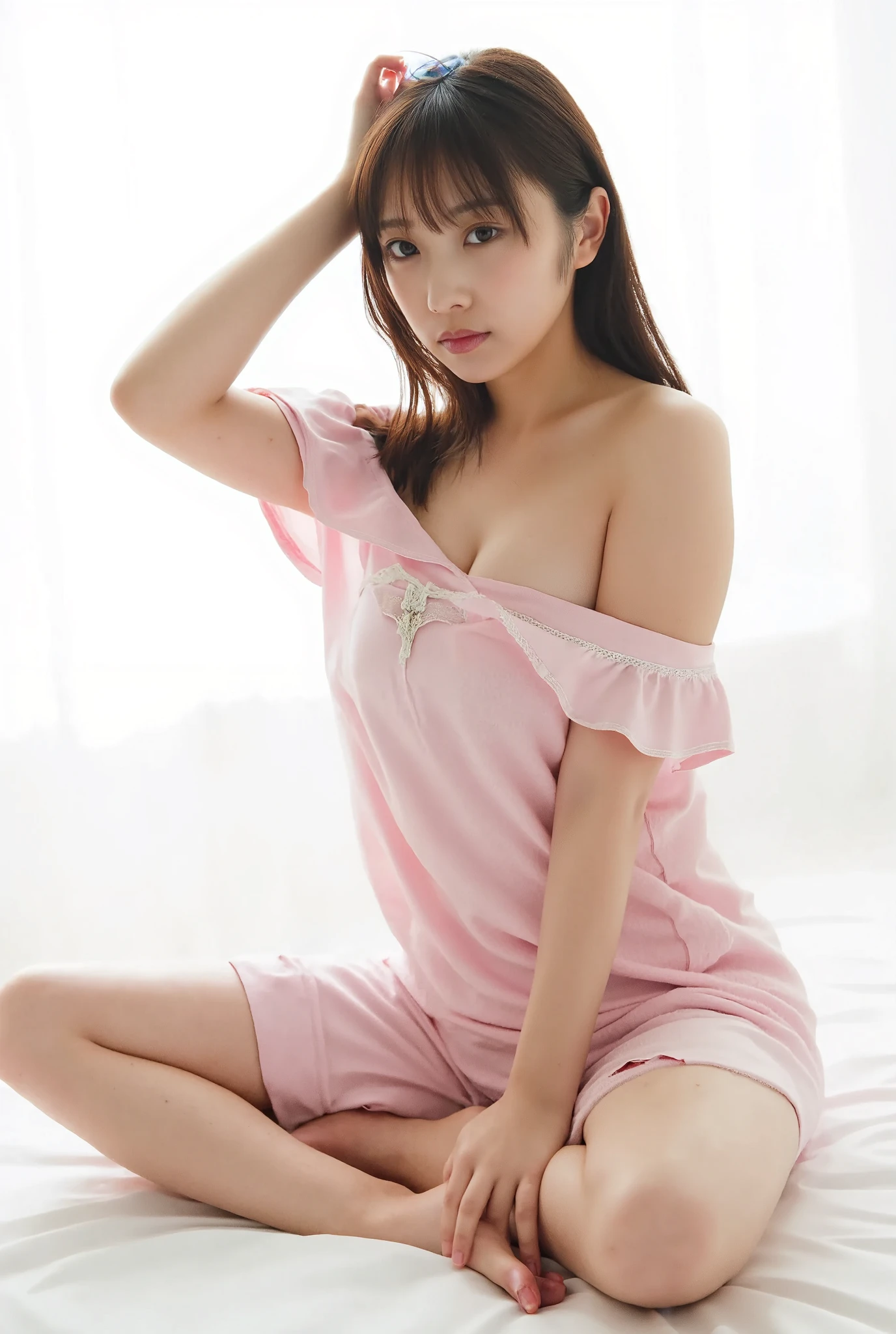 Full body shot from the front、Wear off-the-shoulder mini one-piece pajamas, bend your knees, spread your legs, take a cross-legged pose, and sit while looking at me, Slender bare legs 、smile、The background is a monotone 

