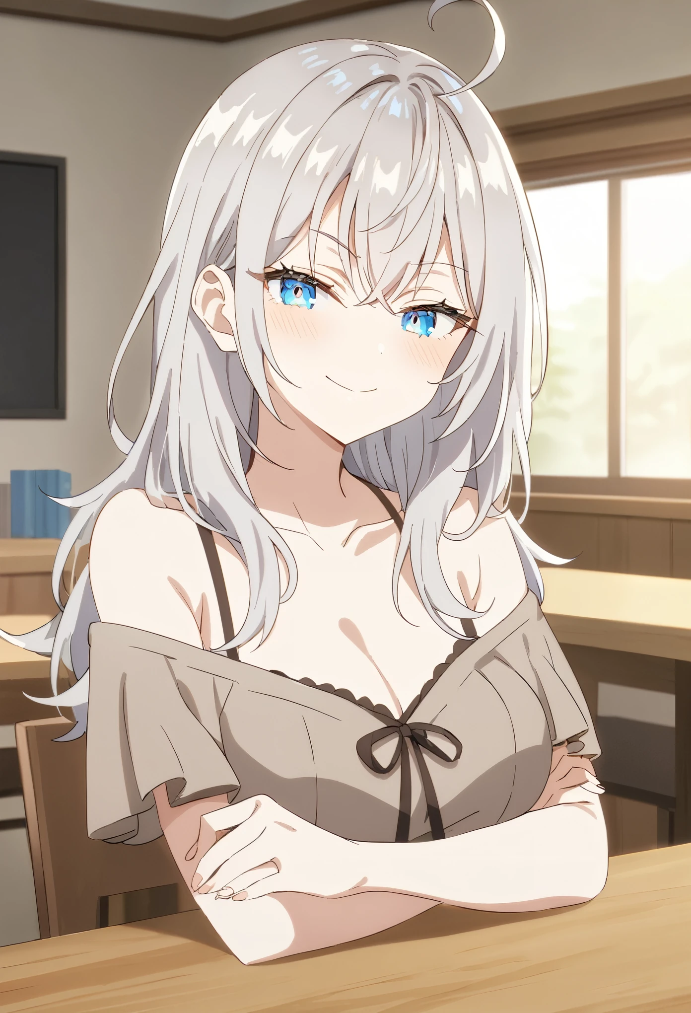  1girl, , Alisa Mikhailovna Kudzhou,  best quality ,  very aesthetic, absurdres,4k sitting at the table ,  arms crossed  , Anime style, alisa, topic, dug up, расстёгнутая dug up,  crossed arms , smile, relaxed face, bare neck , sfw, серый topic,  detailed eyes ,  blue eyes, gray hair is probably silver