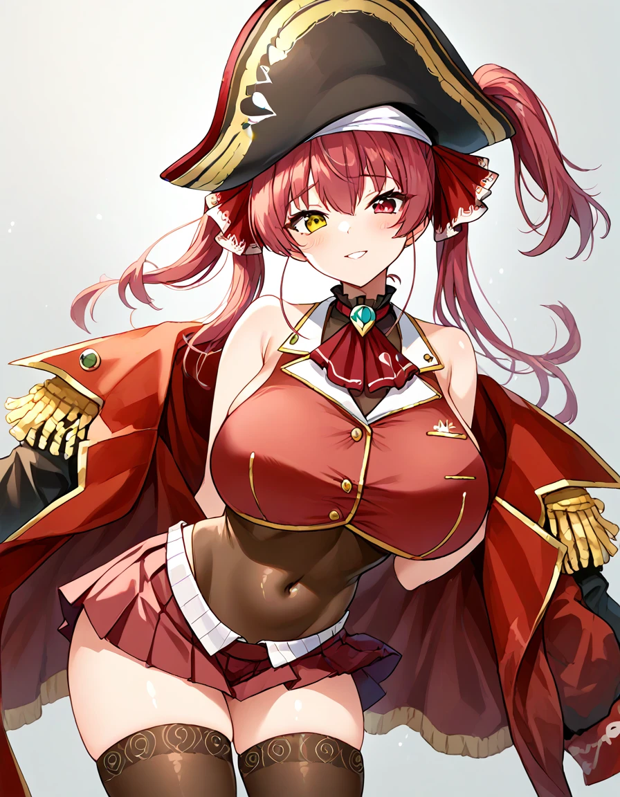 marine houshou, red hair, twintails, heterochromia, red eyes, yellow eyes, hair ribbon,
bare shoulders, brown leotard, brown thighhighs, covered navel, cropped jacket, grey shirt, jacket, leotard, leotard under clothes, pleated skirt, red jacket, red ribbon, red skirt, ribbon, shirt, skirt, sleeveless, sleeveless jacket, thighhighs,pirate coat,pirate hat,massive breast,caderas anchas,thick