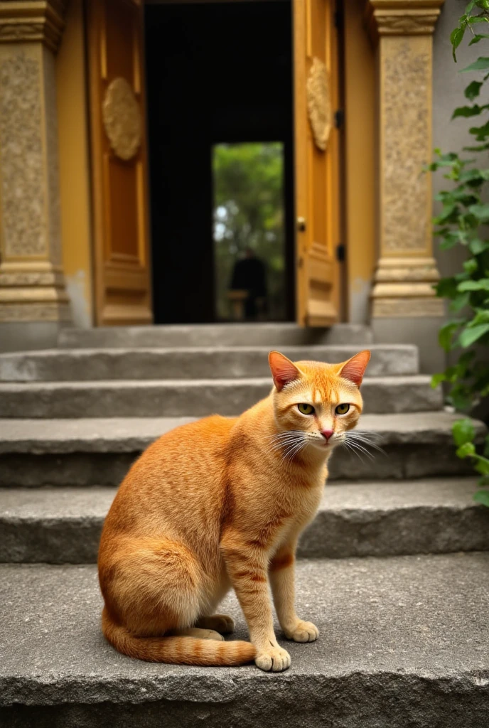 Professional Photography，pet photography，A cute and beautiful orange cat on the stone steps of the temple，