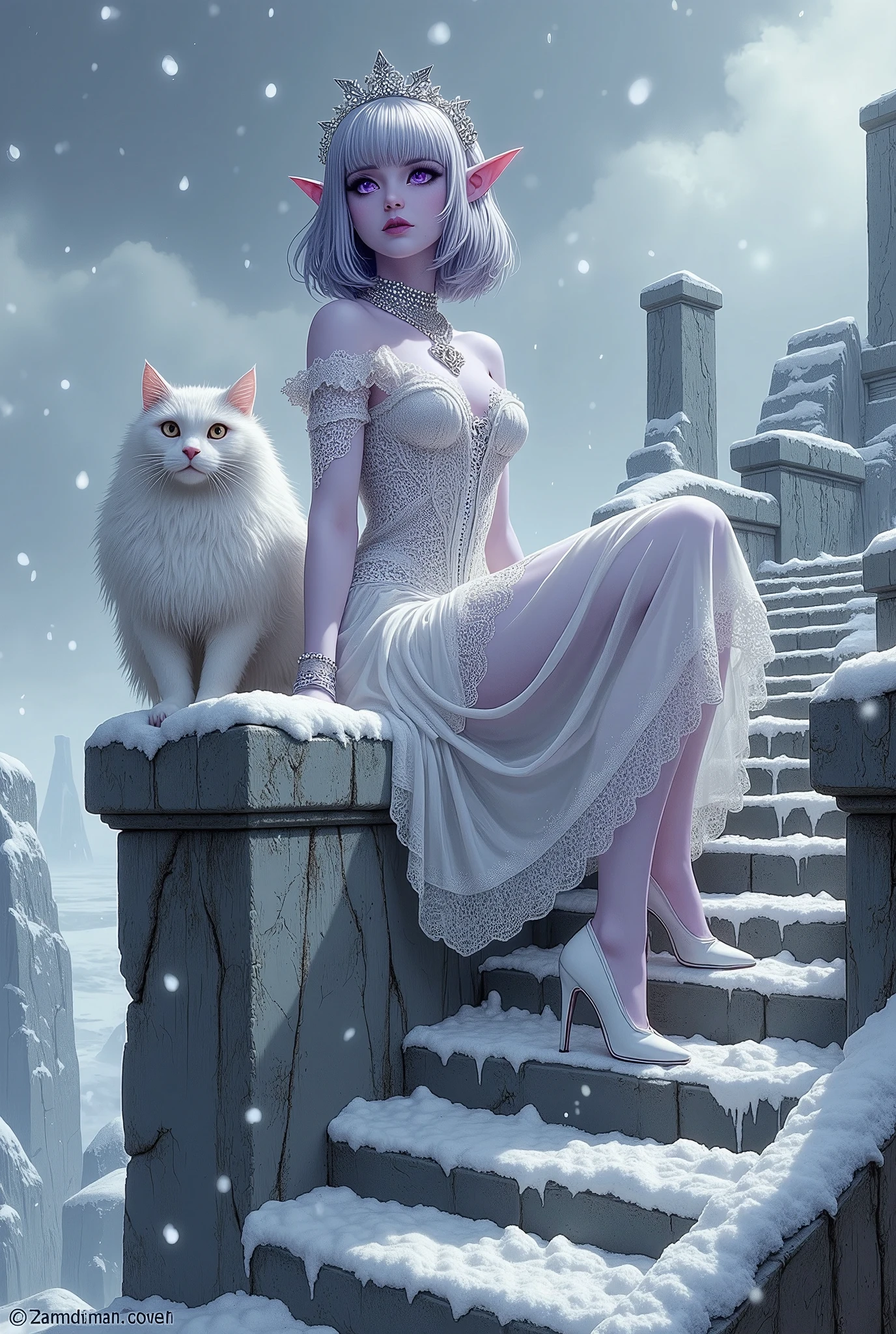 (Ultra-detailed face, Looking away, Fantasy Illustration with Gothic, Rich tone colors.), BREAK 
(A viewpoint looking up a stone staircase from below. Thick gray snow clouds hang low and snow is falling heavily. The Ice Queen smiles and sits cross-legged on an icy throne at the top of the snow-covered, icy stone steps, while a large, white, long-furred cat sits in her lap, leaps onto the throne, and nuzzles at her feet.), BREAK 
(The Ice Queen wears a tiara with a snowflake motif and a choker and necklace made of clear gemstones. She wears a lace-up dress of pure white transparent fabric organdie with layers of thin silver cords woven into the fabric. She wears high heels of pure white woven silk tape and holds a cat on her lap with both hands.), BREAK 
(She has glossy silver hair and eyebrows, blunt bangs, gently wavy messy very long hair with snow, small pink lips, pale translucent skin, lavender eyes, and a young age ice queen with thick dark eyeliner around her eyes.), BREAK 
(This is a frozen ice valley of bitter cold. The Ice Queen gently loves and shelters the inhabitants and creatures of the Ice Valley from the top of the Ice Temple. The large white cat by the Queen's side protects her.)