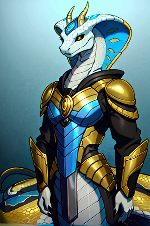  correct anatomy , furry, furry Cobra,  men's,  white scales with blue ,  snake underside, hybrid dragon /SNAKE, golden horns, SNAKE hood,  black sclera ,  golden reptilian eyes ,  holographic armor , intimidating,spaceship