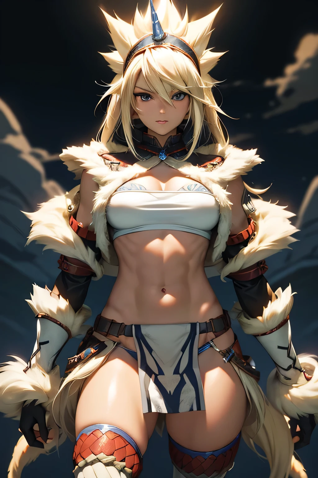  perfect anatomy　Best Quality, highest resolution,(((woman　Shiny tops　shiny loincloth 　Light blonde hair)))　 Monster Hunter　Kirin Gear　cool