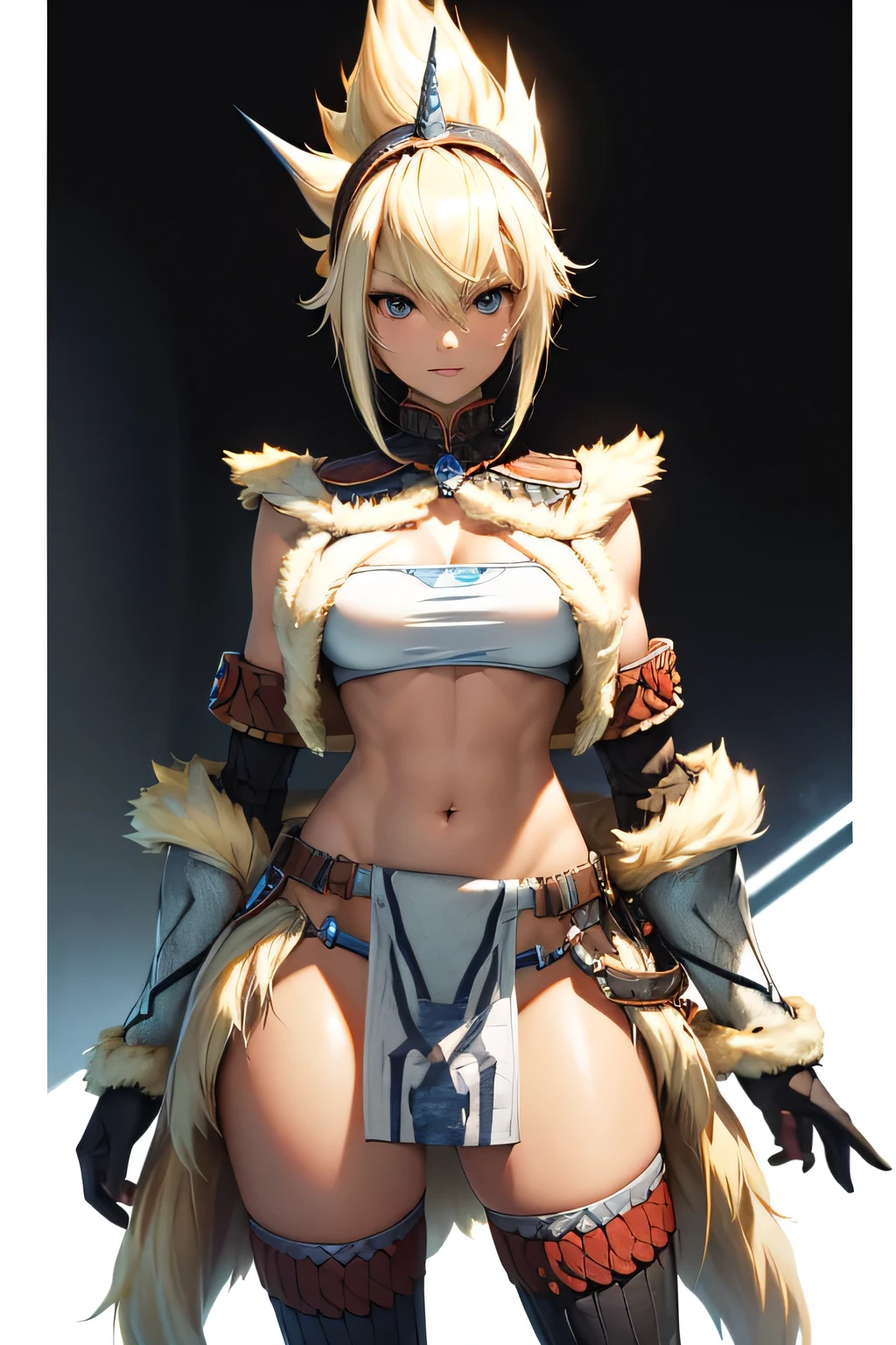  perfect anatomy　Best Quality, highest resolution,(((woman　Shiny tops　shiny loincloth 　Light blonde hair)))　 Monster Hunter　Kirin Gear　cool