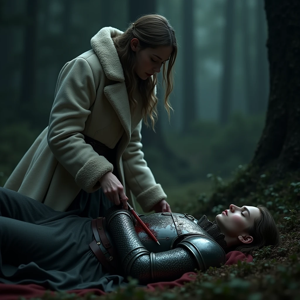 female, beautiful vampire, pale skin, fire eyes, standing over a man, bald head, scruffy black beard, 1865, injured face, unconscious on the floor of a field, detailed facial features, photorealistic, high resolution, 8k, cinematic lighting,