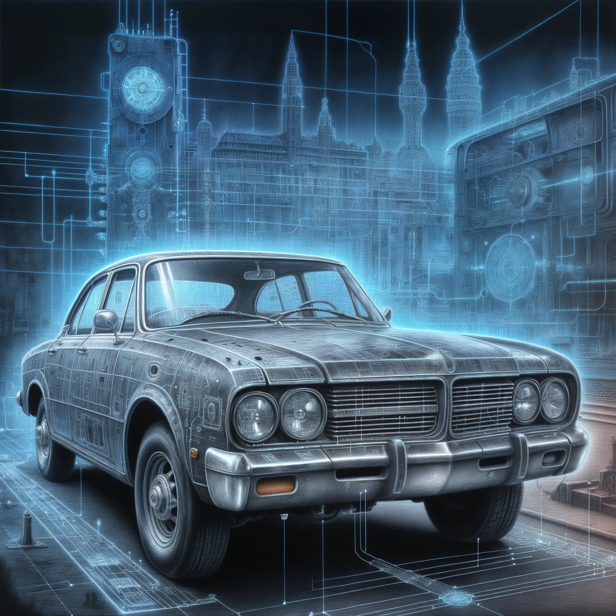 a highly detailed and realistic pencil drawing of an old car with an electrical diagram, a surreal city in the background, intricate mechanical details, classic vintage car, detailed blueprints, technical schematics, moody lighting, cinematic composition, gritty urban landscape, dystopian architecture, neon lights, dynamic perspective, dramatic shadows, photorealistic rendering, masterpiece, 8k, best quality