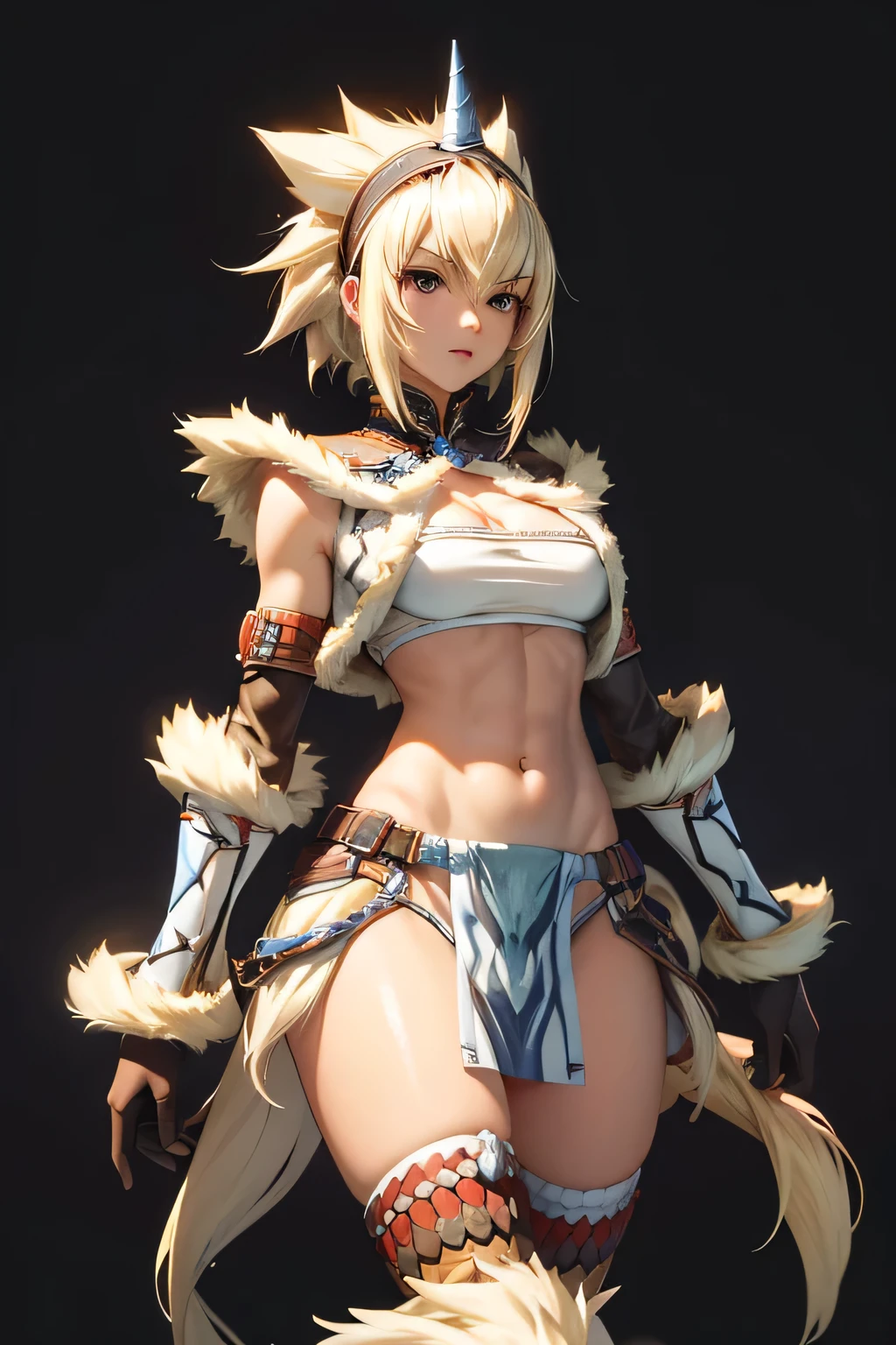  perfect anatomy　Best Quality, highest resolution,(((woman　 shiny top　shiny loincloth 　Light blonde hair)))　 Monster Hunter　Kirin Gear　cool