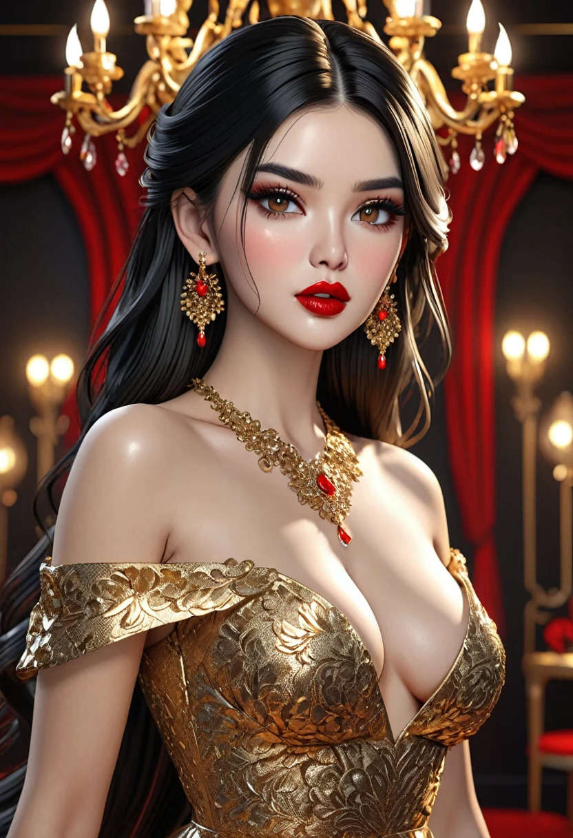 I want you to create an image of a gypsy with striking eyes, with long wavy dark hair, red and gold clothes, dark red lipstick showing three playing cards, the first one with a heart, the second with a tower and the third with a ring