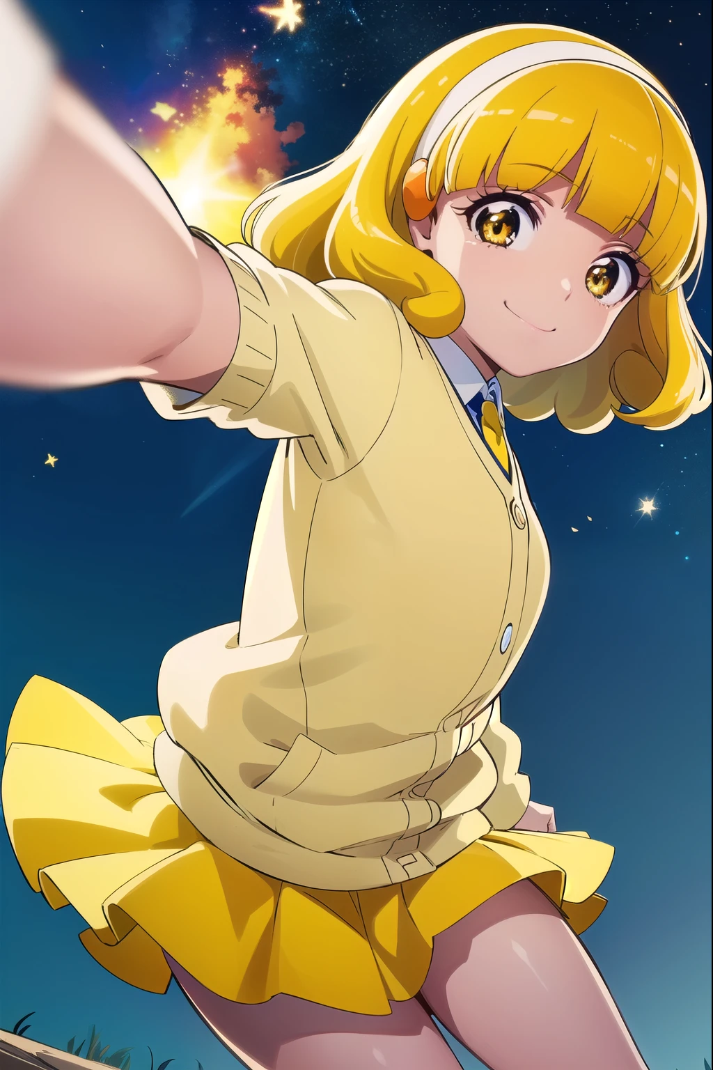 Nsfw, Yayoi Kise,  short hair,  blonde hair, ( yellow eyes:1.3),  headband, white  headband, smile,
break skirt, , socks,  Cardigans , Irogaoka Junior High School , yellow  Cardigans ,  pleated skirt ,  blue skirt,黄色いパンティ
smile, Alone,  upper body, Night Sky, forest,  head back,  contrast post,  widen your armpits, break looking at viewer,  dynamic pose,
break (masterpiece:1.2), Best Quality,  Hi-Res,  Unity 8K Wallpaper , (Illustration:0.8), ( beautiful detailed eyes:1.6),  Extremely Detailed Faces,  full light,  extremely detailed CG, (Perfect hands, perfect anatomy),