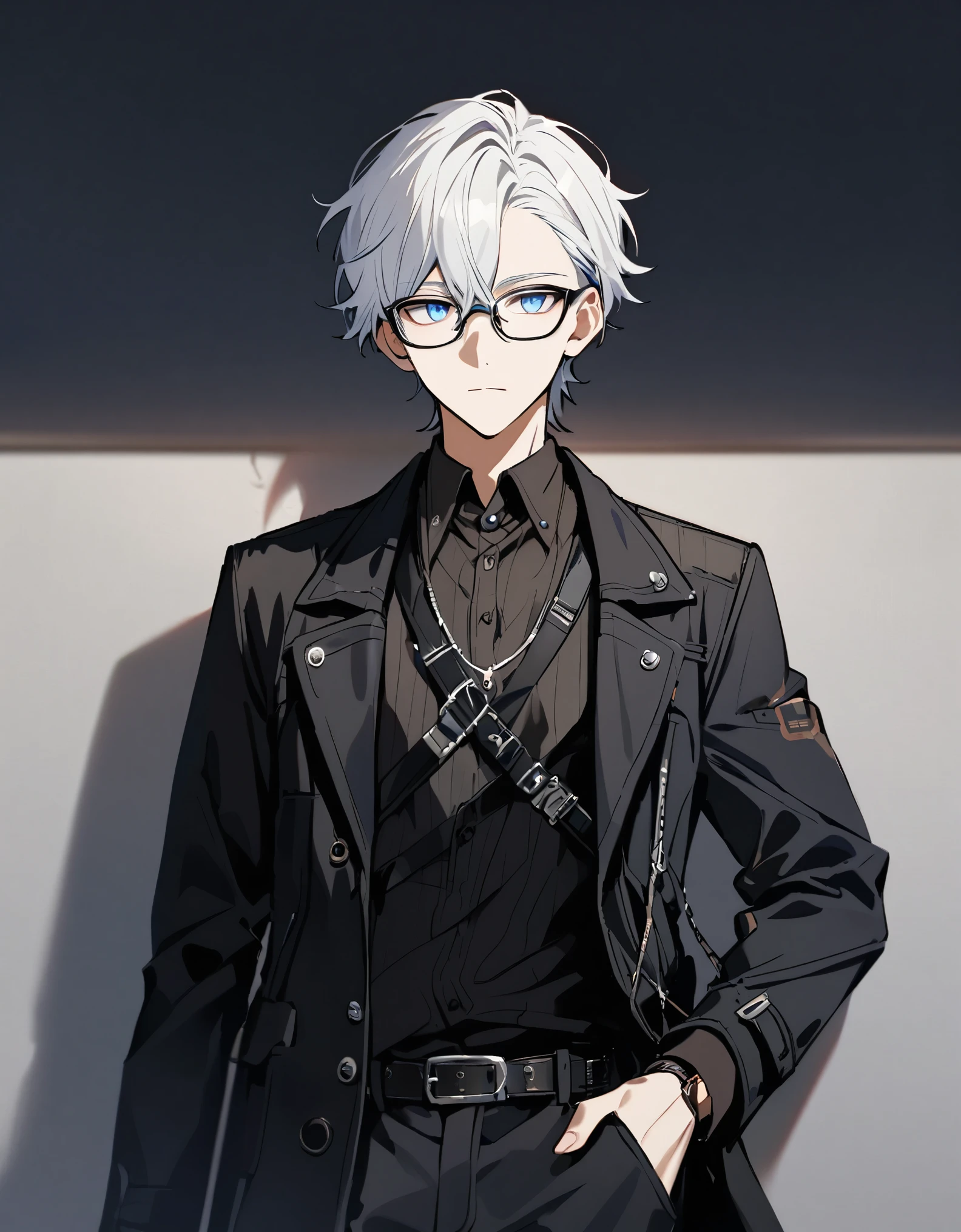 date, emotionless, cool, nerd, 1 male teenager, white hair, blue eyes, glasses, calm, handsome, casual clothes, slim body, black body harness, black coat and shirt, silver accessories, black pants