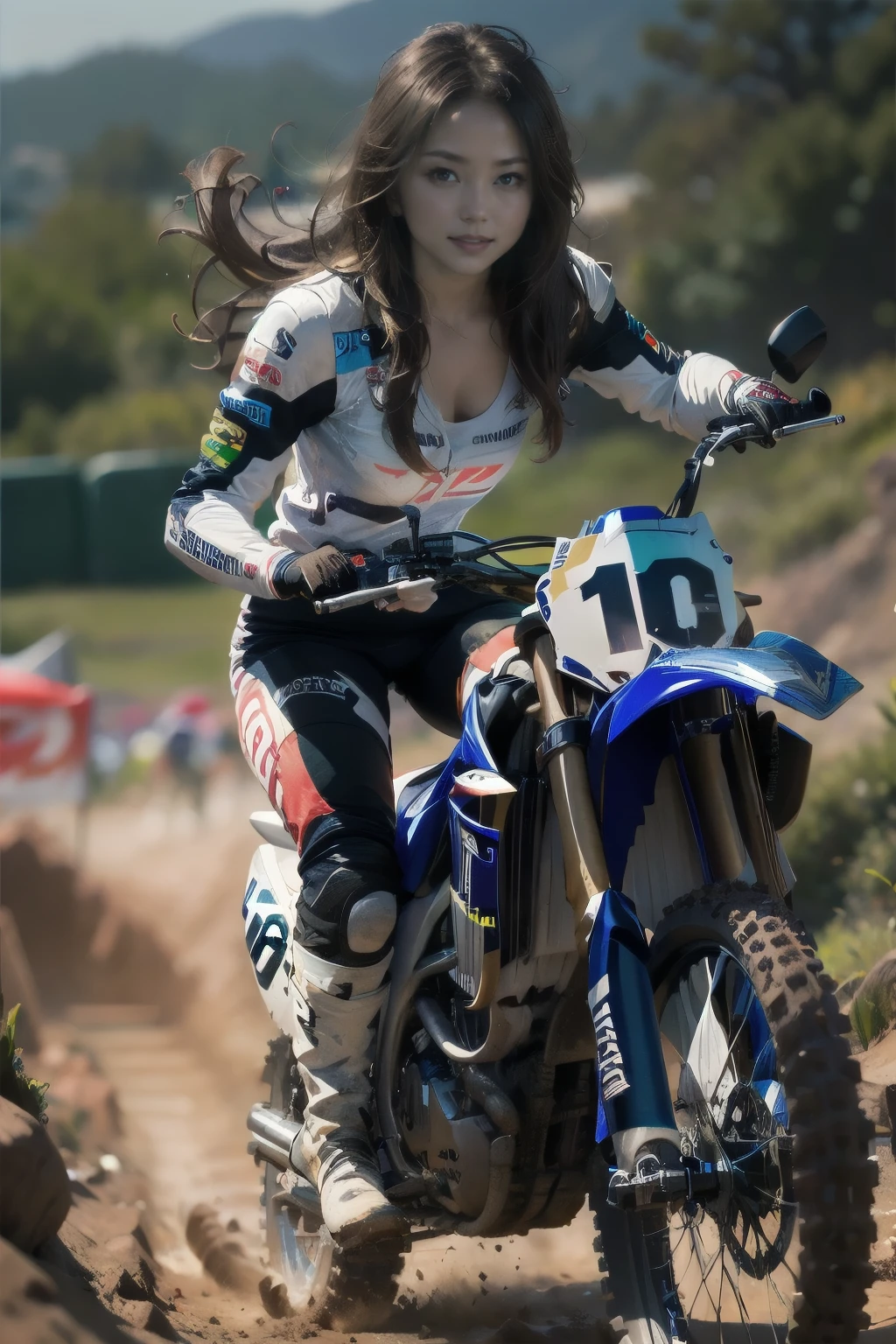 girl racer, Yamaha WR250 motorbike, beautiful detailed eyes, beautiful detailed lips, extremely detailed eyes and face, long eyelashes, messy brown hair, tanned skin, covered in mud, wearing motocross boots, competing in Motocross Championship, muddy, muscular abs, best quality, 8k, highres, masterpiece:1.2, ultra-detailed, realistic, photorealistic, photo-realistic:1.37, HDR, UHD, studio lighting, ultra-fine painting, sharp focus, physically-based rendering, extreme detail description, professional, vivid colors, bokeh, landscape, motorsports, dirt, gritty