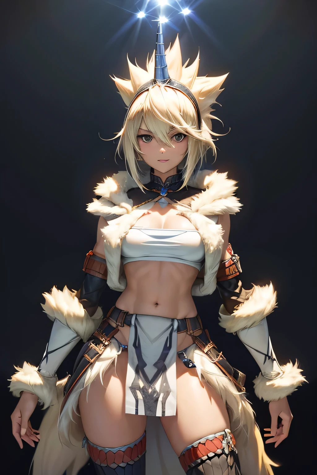  perfect anatomy　Best Quality, highest resolution,(((woman　 shiny top　shiny loincloth 　Light blonde hair)))　 Monster Hunter　Kirin Gear　cool