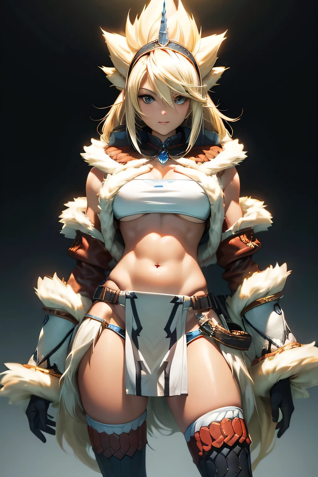  perfect anatomy　Best Quality, highest resolution,(((woman　 shiny top　shiny loincloth 　Light blonde hair)))　 Monster Hunter　Kirin Gear　cool