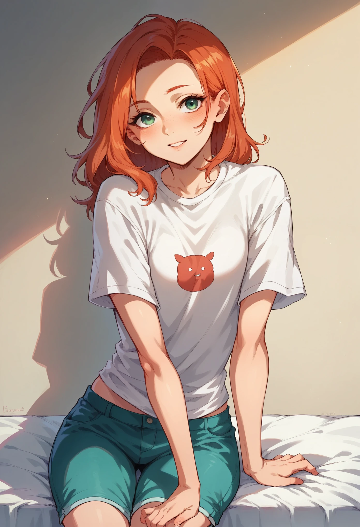 Young redhead in black miniskirt, white t-shirt