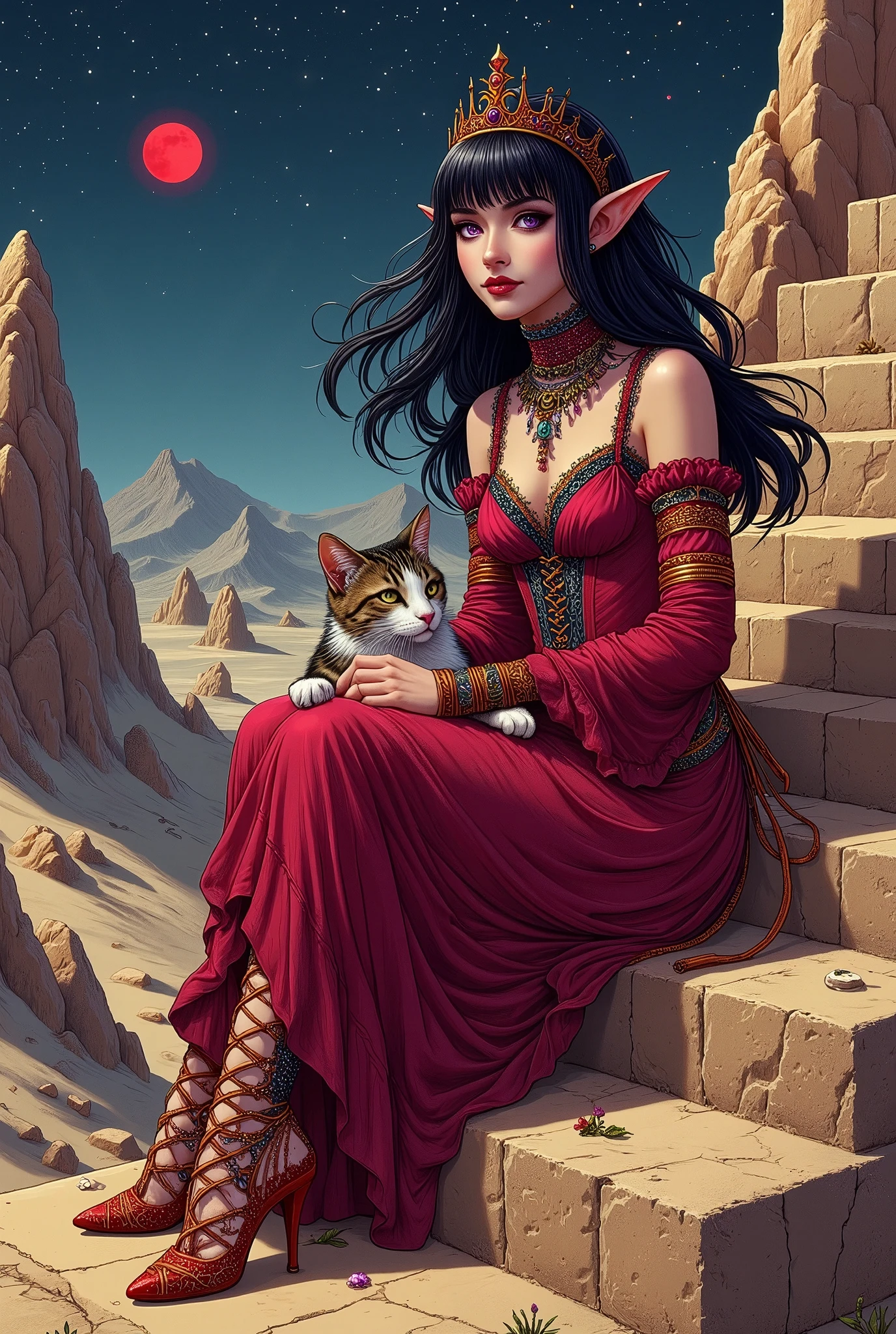 (Ultra-detailed face, Looking away, Fantasy Illustration with Gothic, Rich tone colors.), BREAK 
(A viewpoint looking up a stone staircase from below. The stars twinkle in the cloudless night sky and a small red moon illuminates the ground. The Queen of Sand smiles and sits cross-legged on a stone throne at the top of the red sandy, weathered and eroded stone staircase, while Egyptian Mau, a large cat with spotted red short hair, sits on her lap, leaps onto the throne, and nuzzles at her feet.), BREAK 
(The Sand Queen wears a tiara with a red scorpion motif and a necklace made of iridescent chokers and rainbow-colored beads. She wears a lace-up dress of deep red sheer organdie fabric with layers of thin orange cord braided through it. She wears high heels with woven crimson silk tape and holds a cat on her lap with both hands.), BREAK 
(She has glossy black hair and eyebrows, blunt bangs, very long disheveled hair gently waving in the wind, small pink lips, tanned healthy wheatish skin, lavender eyes, and a sand queen of a young age with thick dark eye line around her eyes.), BREAK 
(This is a sandy valley of red rocks and sand. Atop a stone temple, the Queen of the Sands tenderly loves and shelters the inhabitants and creatures of the Valley of the Sands. The queen's large cat, Egyptian Mau, is by her side, protecting her.)