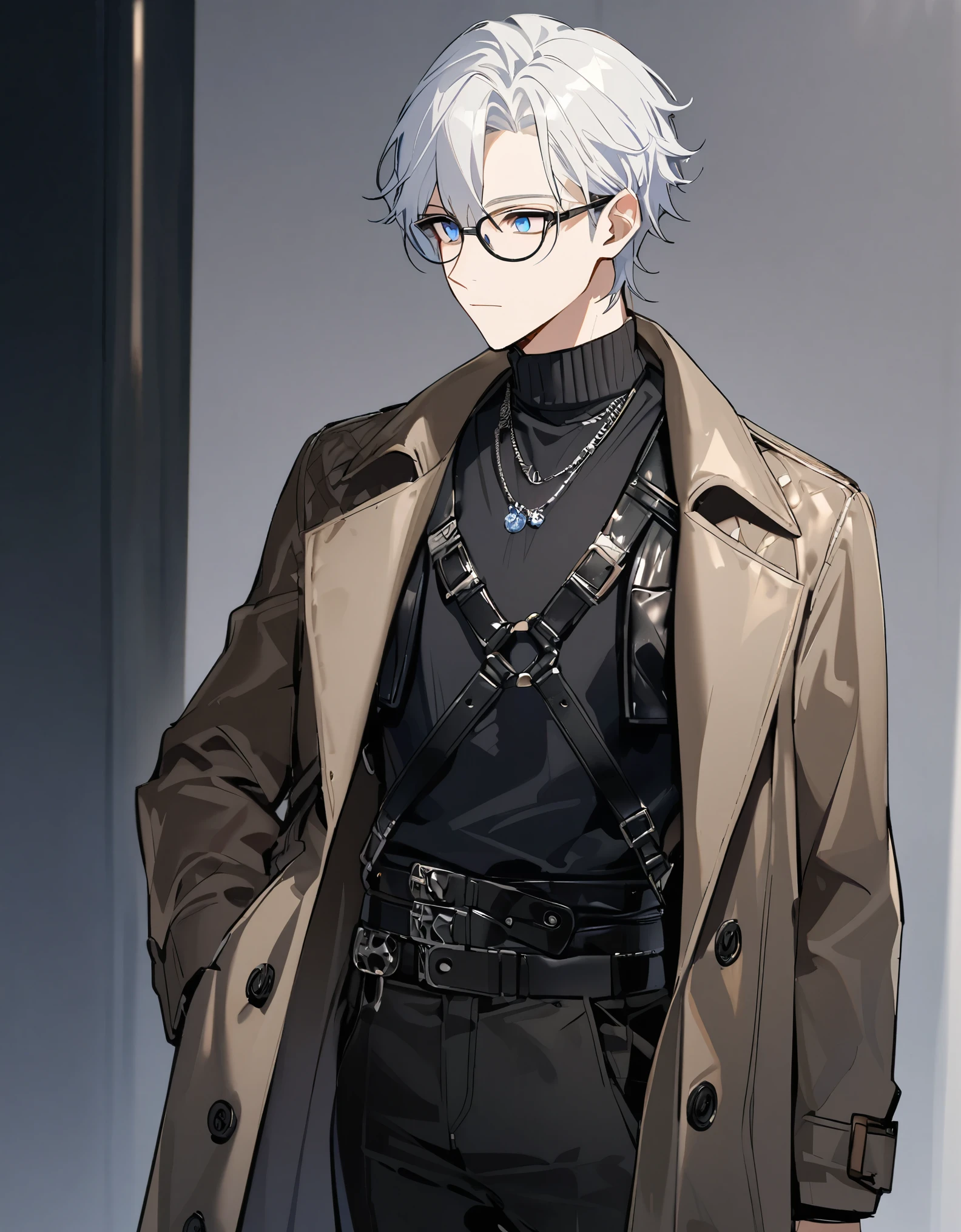 date, emotionless, cool, nerd, 1 male teenager, white hair, blue eyes, glasses, calm, handsome, casual clothes, slim body, black turtleneck. black body harness, silver luxury, coat