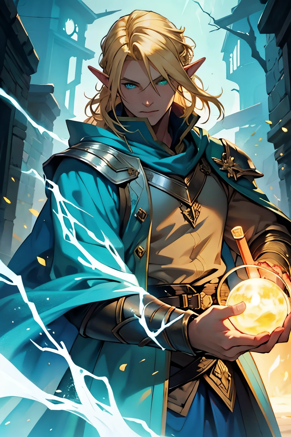 (masterpiece:1.2), (best quality:1.2),
(1man, muscular, adult italian male:1.2),  light blue eyes, copper comb over,
portrait, solo, half shot, detailed background, detailed face, (<lora:style_GlowingRunesAI:0.8>, glowingrunesai, glowing runes theme:1.1), smirk], (glowing eyes:1.1), (card-wizard:1.05),  light green magician outfit, dynamic pose, (cards floating in the air:1.15),  colorful ribbons in background,  ethereal atmosphere,
<lora:style_zaunT_zaunV1:0.3>,