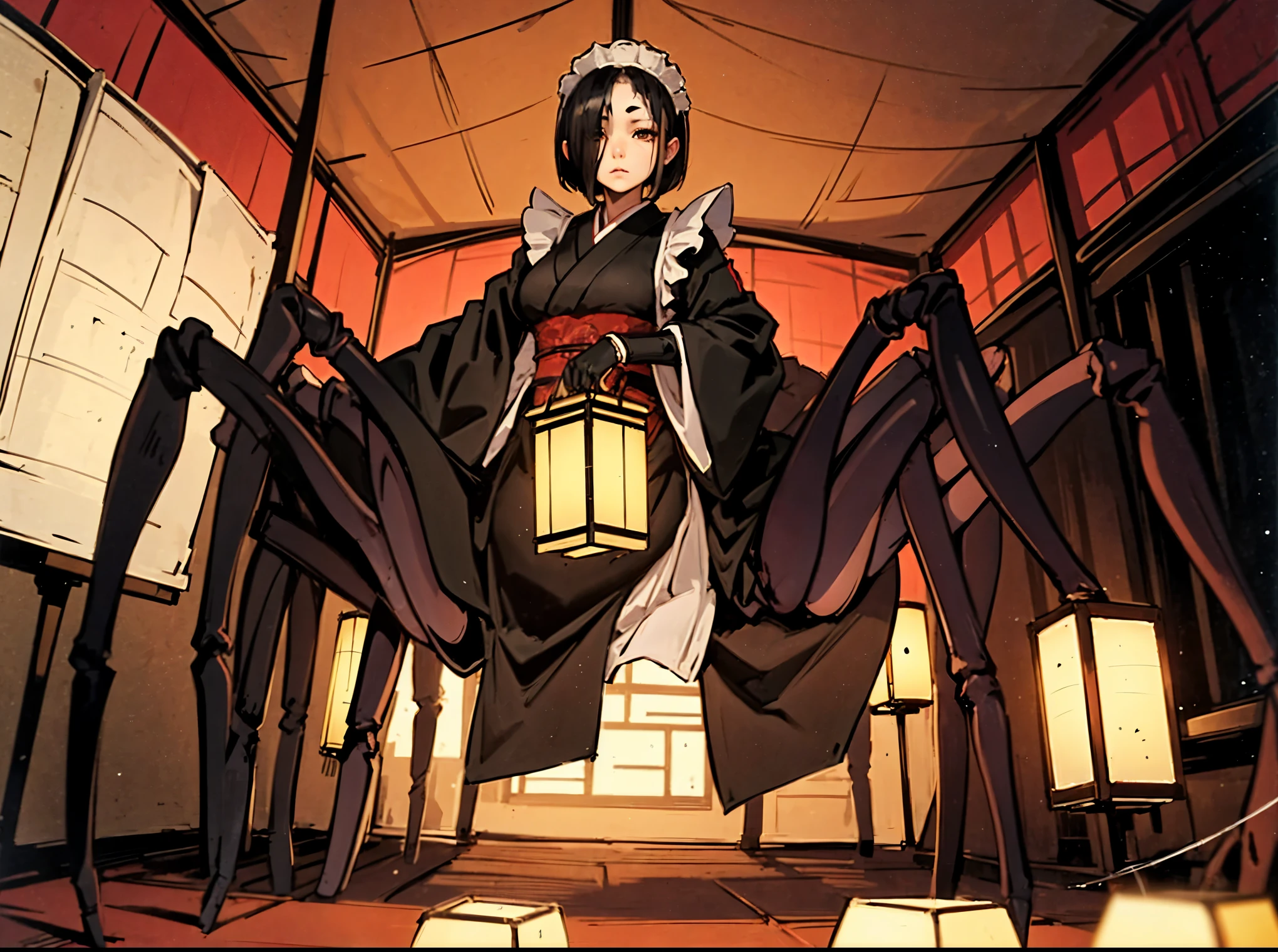 Arachne girl. Kimono. White and black costume. Costume with a spider web pattern. Maid style. Large spider legs. Short hair. Black hair. Spider eyes on the forehead. Traditional japanese andon lamp. Japan style indoors.