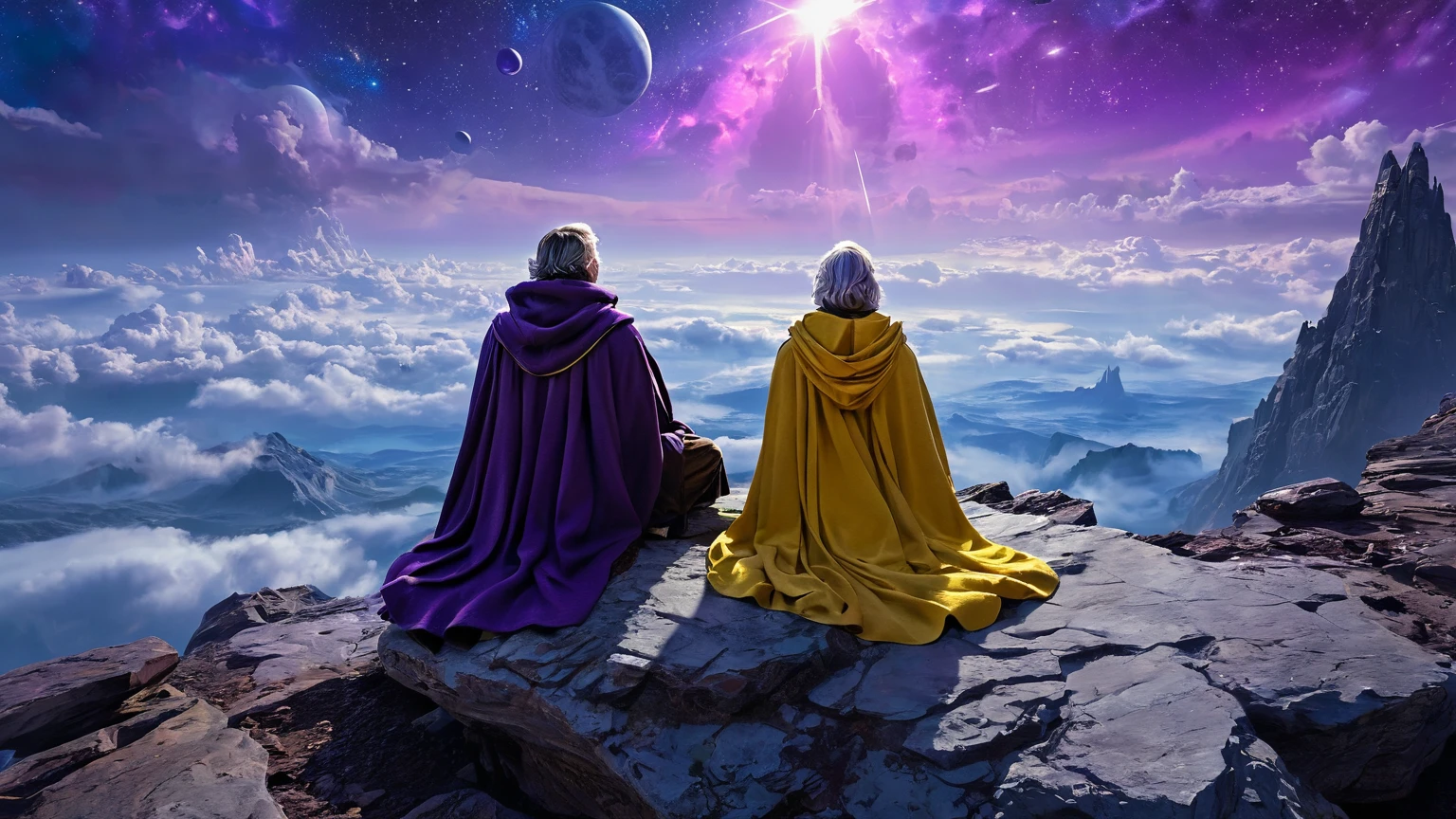 arcan3styl3v1, masterpiece, highcontrast, A jedi master with a yellow (old  ragged, cloak, cape) sitting on rock meditating, top of the mountain, clouds, top view,  star wars landscape.  Blue and purple cloths, night time, space, stars, various moons, and planets, purple aurora boreal in the sky, no face, view his back from the sides, panoramic