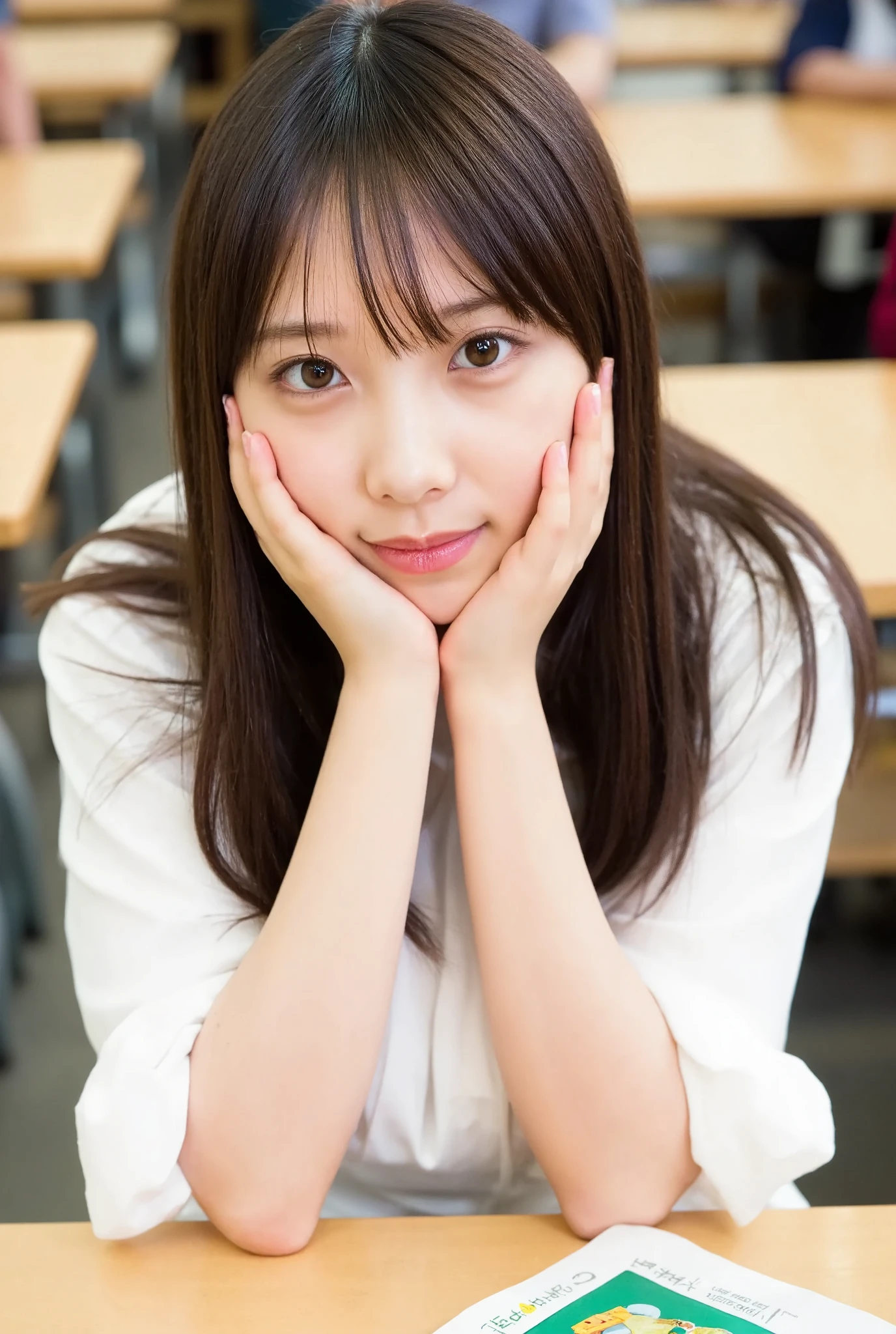 At school, they wear a blouse with a loose chest, stand with their elbows on the desk, hold their cheeks with their hands, and face the front with a smile、Angle of view is from above
