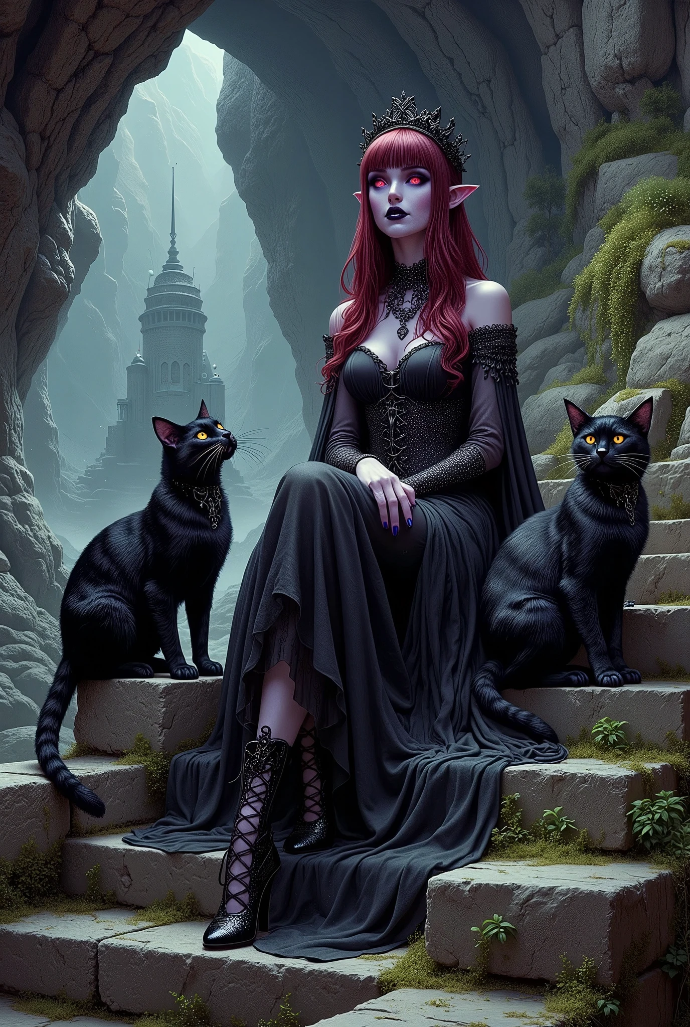 (Ultra-detailed face, Looking away, Fantasy Illustration with Gothic, Dark tone colors.), BREAK 
(A viewpoint looking up a stone staircase from below. A vast cavernous space, very deep underground, where no light reaches. The Dark Queen sits cross-legged with an arrogant expression on her stone throne at the top of an acid-eroded stone staircase, covered with thin green moss, while large cats with jet-black glossy fur sit on her lap, jump on the throne, and play with her at her feet.), BREAK 
(The dark queen wears a tiara with a black spider motif and a black onyx choker and necklace. She wears a lace-up dress of jet-black transparent fabric organdie with layers of thin gray cords woven into it. She wears high heels of jet-black woven silk tape and holds a cat on her lap with both hands.), BREAK 
(She has glossy crimson hair and eyebrows, blunt bangs, straight and well-groomed very long hair, small black lips, dark purple skin, glowing red eyes, and a dark queen of a  with thick, dark eyeliner around her eyes.), BREAK 
(This is a valley of darkness, underground, where no light can reach. Atop a stone temple, the Queen of Darkness uses her power and fear to control the inhabitants and creatures of the Valley of Darkness. A large cat at the queen's side protects her.)