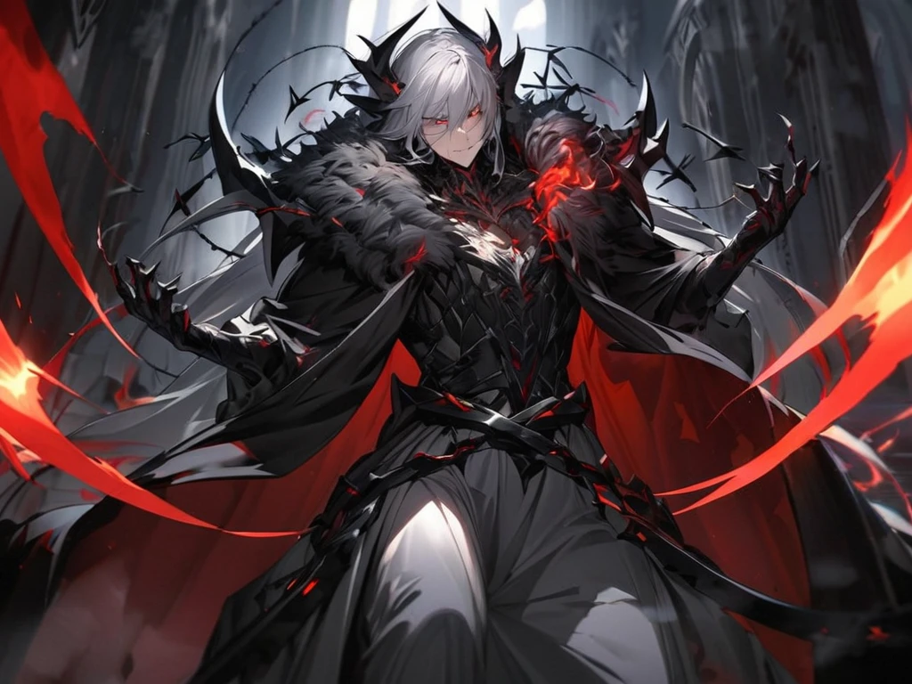 masterpiece, best quality, 1man, adult, male focus, solo, short white hair, vibrant red eyes, one eyed black sclera, gloves, looking at viewer, cape, High quality metal texture, demonic armor, closed mouth, metalic gloves, upper body, bangs, high collar,(kbxll:0.6), Fantasy aesthetics, Highly detailed, shadowverse style, shadowverse character concept, dark knight