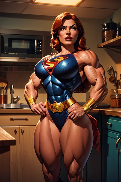 pixarstyle a waist-length portrait of a muscle woman in a superhero outfit in the style of the Juggernaut, kitchen, natural skin texture, 4k textures, hdr, intricate, highly detailed, sharp focus, cinematic look, hyperdetailed, muscle woman, big muscles, huge muscles, massive muscles, 
