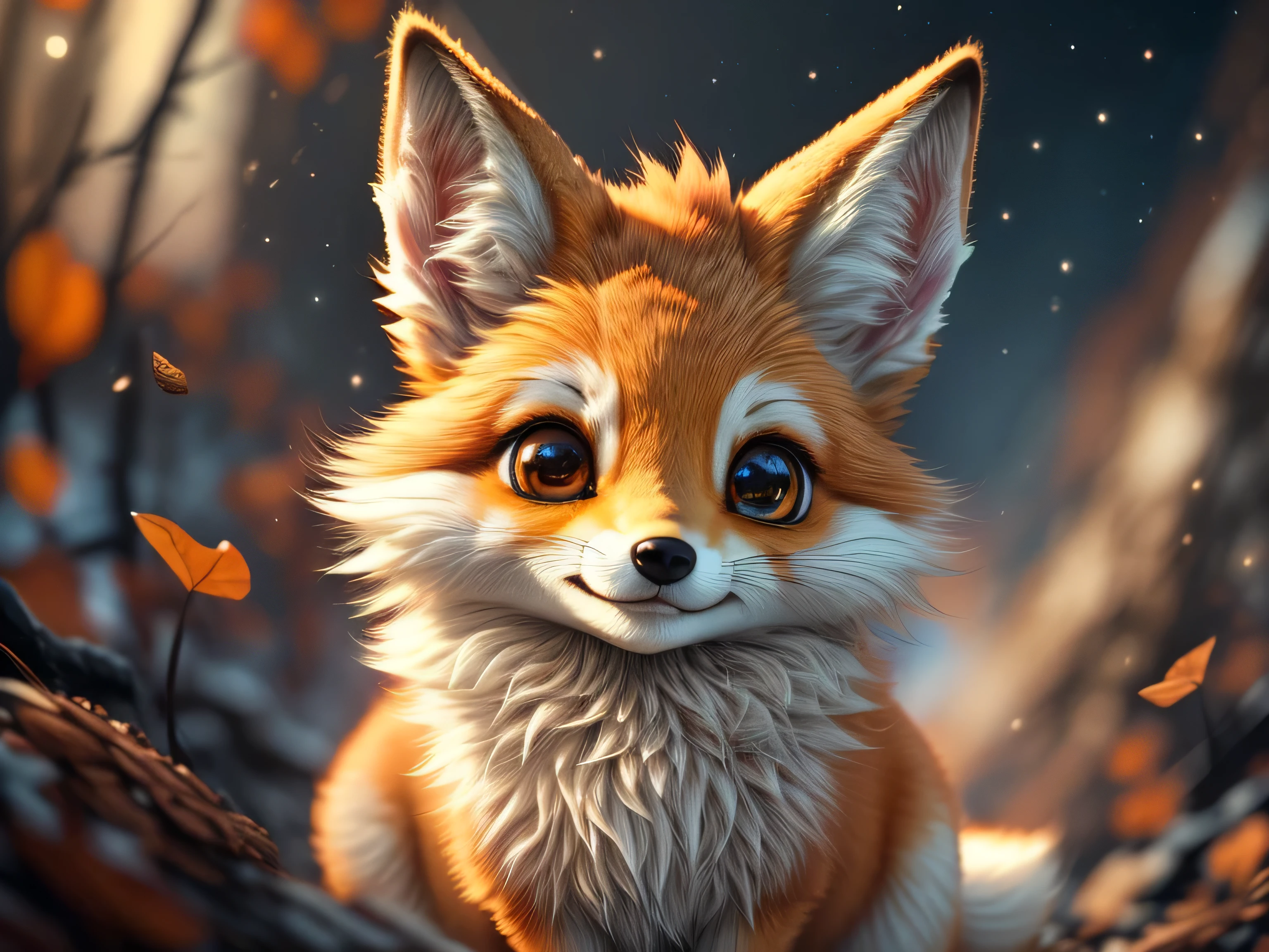 Magical Fantasy Creature, (Best Quality, Masterpiece, Representative Work, Official Art, Professional, Ultra Fine Detail, 8k:1.3), (Photorealism:1.2), Fox Spirit, Super Cute, Big Eyes, Soft, Delicate Nose, Fluffy, Two-Toothed Smile, Cute Fennec Fox Ghost, Realistic, Beautiful, Sparkling, Stars in Eyes, Star Pearl, Fox Lights, Soft Volumetric Light, (Backlight:1.3), (Cinematic:1.2), Intricate Details, (ArtStation:1.3), --auto --s2