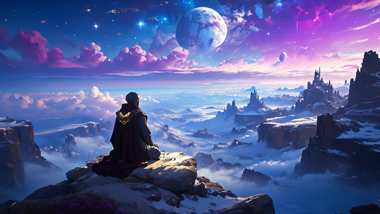 arcan3styl3v1, masterpiece, highcontrast, A jedi master with a yellow (old  ragged, cloak, cape) sitting on rock meditating, top of the mountain, clouds, top view,  star wars landscape.  Blue and purple cloths, night time, space, stars, various moons, and planets, purple aurora boreal in the sky, no face, view his back from the sides, panoramic