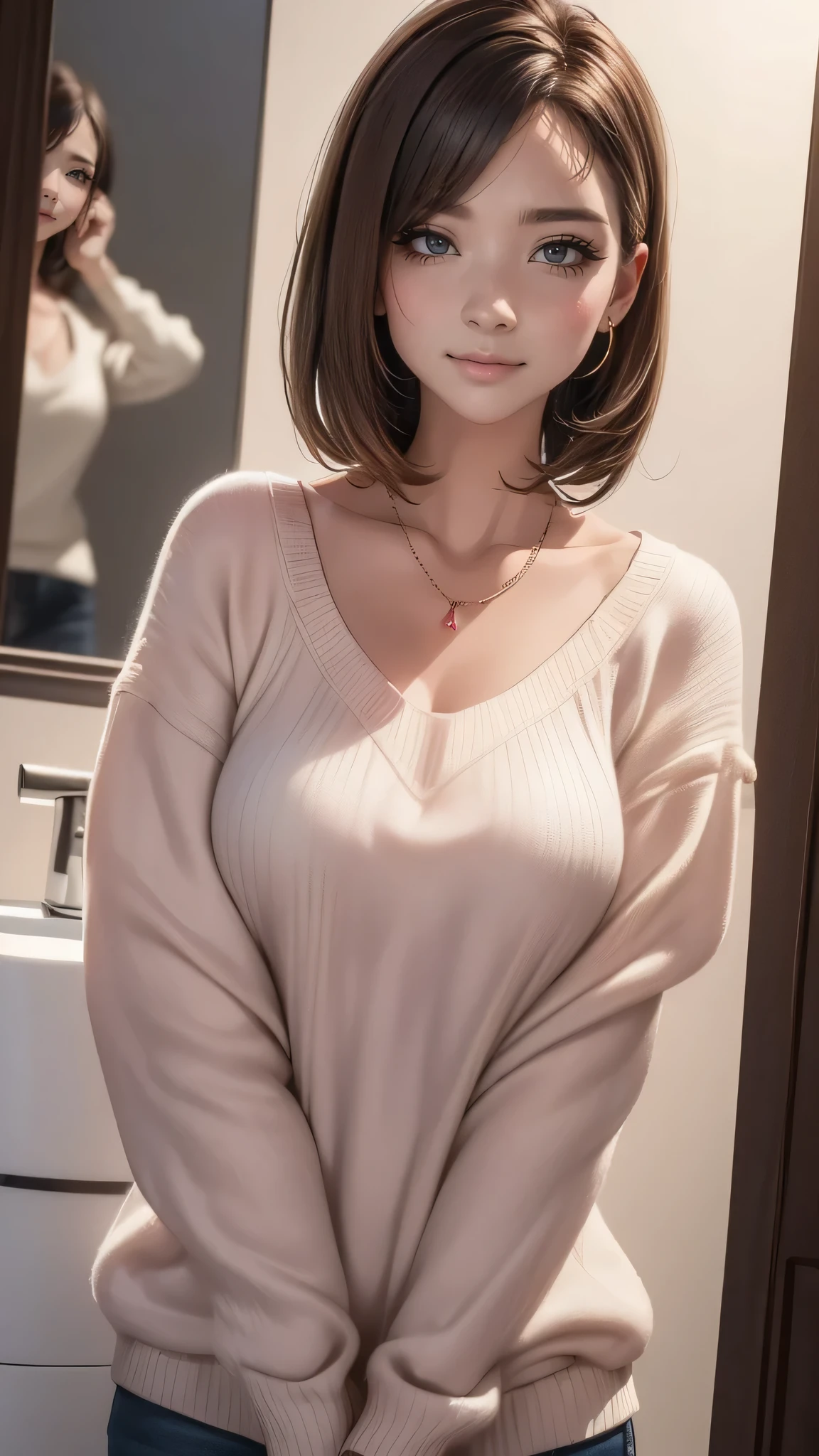 ((Night, Realistic Light, Best Quality, 8K, Masterpiece: 1.3)), 1girl, Slim Beauty: 1.4, (Brown hair, Medium breasts: 1.3), Long pink sweater: 1.1, Bathroom, Super fine face, Delicate eyes, Double eyelids, smile, necklace