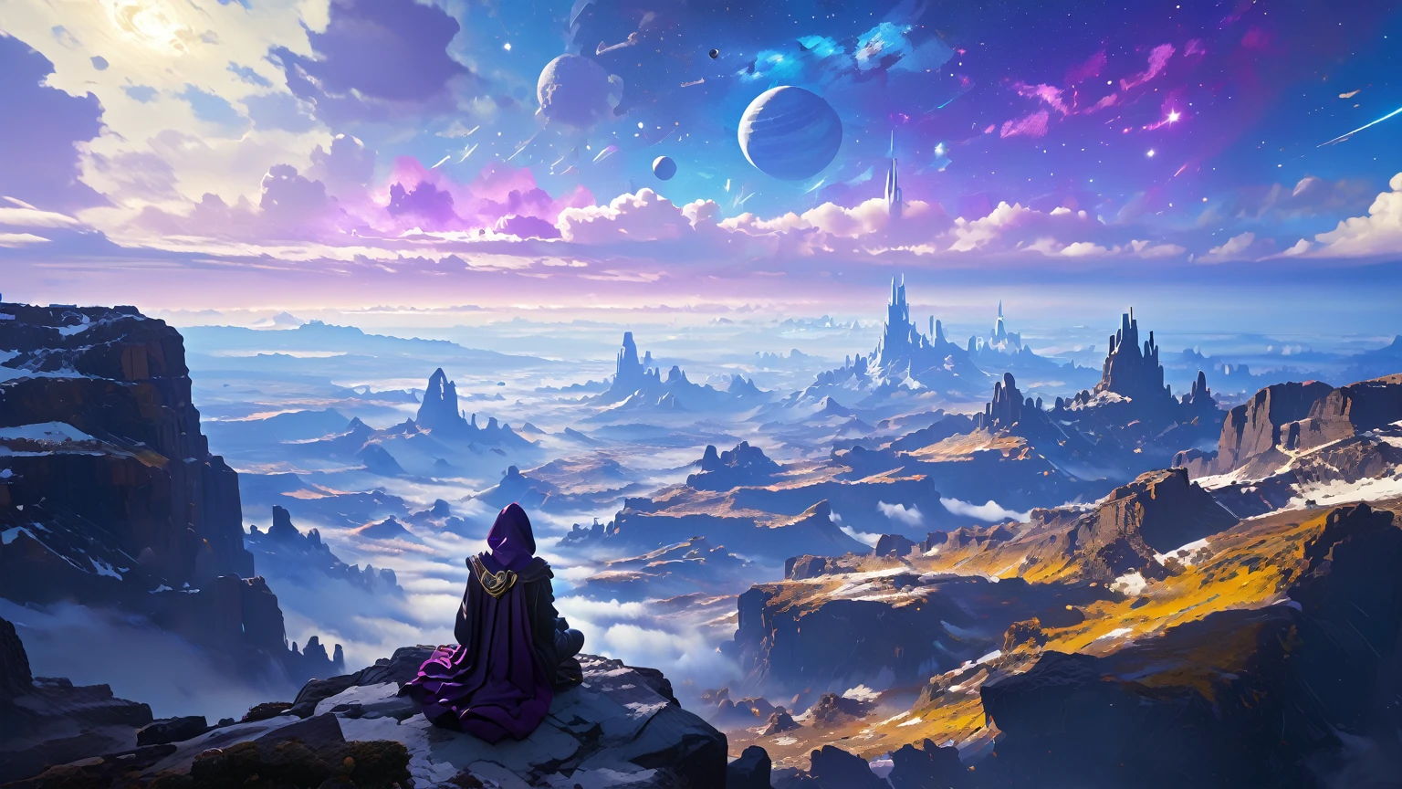 arcan3styl3v1, masterpiece, highcontrast, A jedi master with a yellow (old  ragged, cloak, hood, cape) sitting on rock meditating, top of the mountain, clouds, top view,  star wars landscape.  Blue and purple cloths, night time, space, stars, various moons, and planets, purple aurora boreal in the sky, no face, view his back from the sides, panoramic