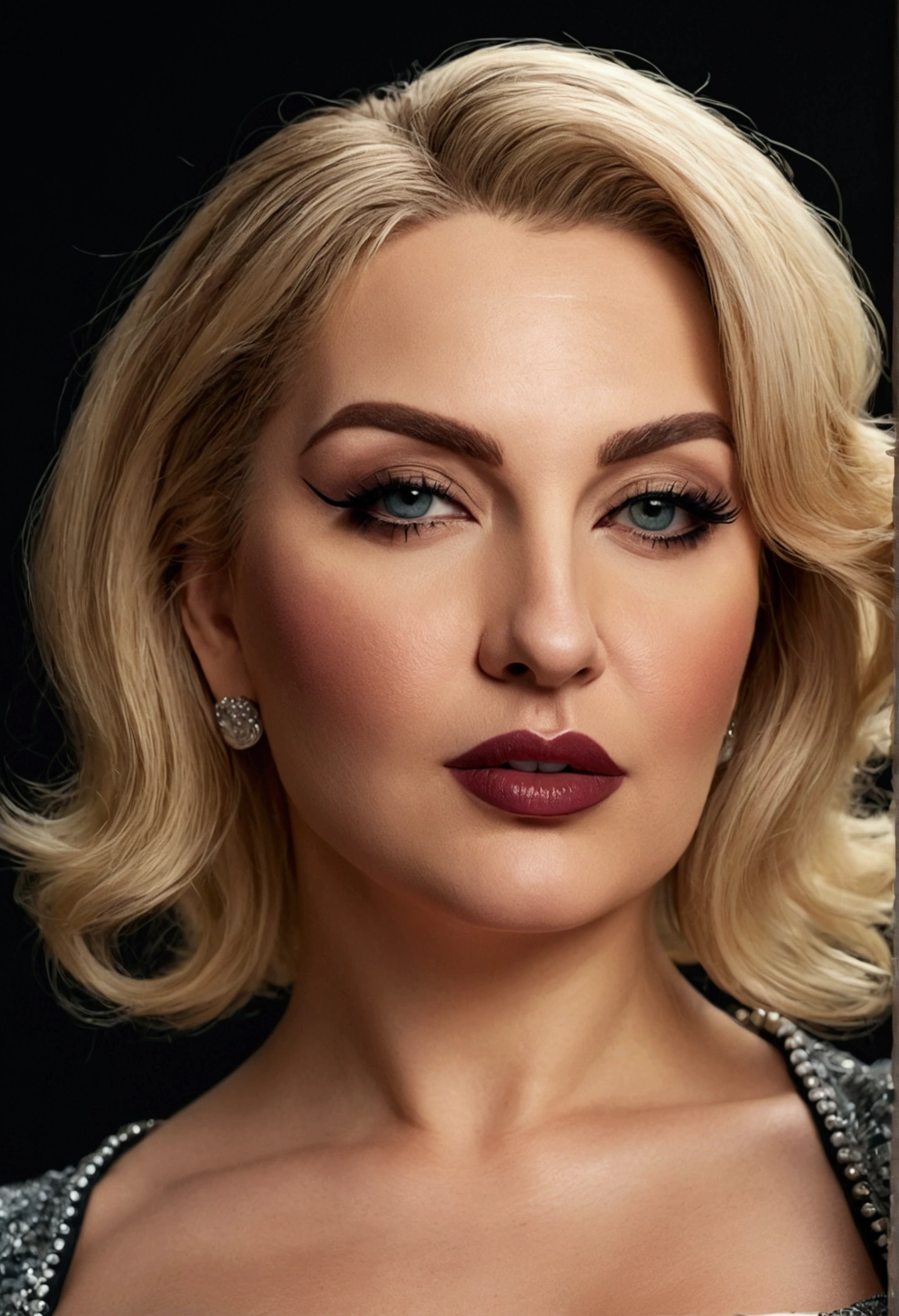 female older woman,do ramion  krótkie blonde hair, curvy figure, full lips, large seductive pose, detailed face and eyes, dramatic lighting, photorealistic, high quality, cinematic, elegant, sensual. 