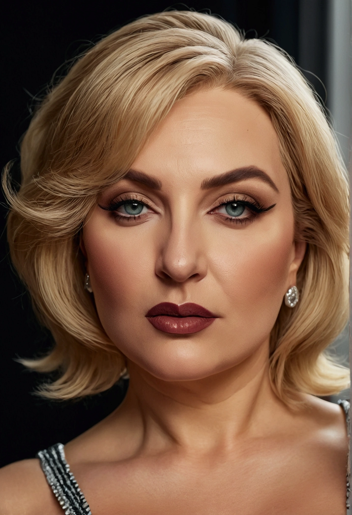 female older woman,do ramion  krótkie blonde hair, curvy figure, full lips, large seductive pose, detailed face and eyes, dramatic lighting, photorealistic, high quality, cinematic, elegant, sensual. 