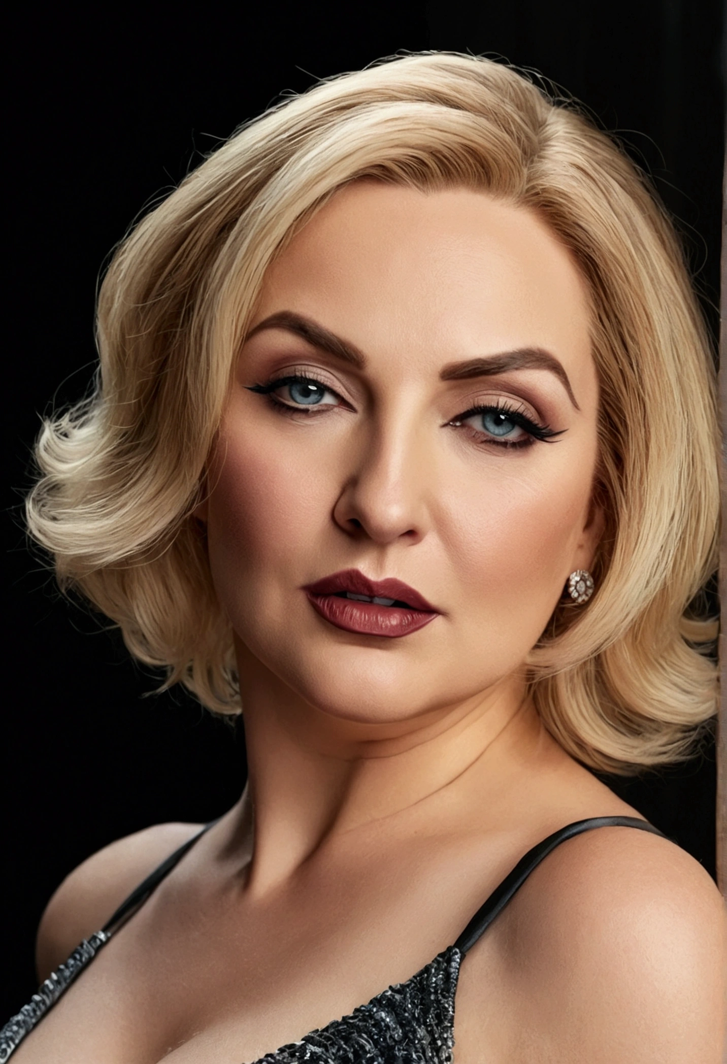 female older woman,do ramion  krótkie blonde hair, curvy figure, full lips, large seductive pose, detailed face and eyes, dramatic lighting, photorealistic, high quality, cinematic, elegant, sensual. 