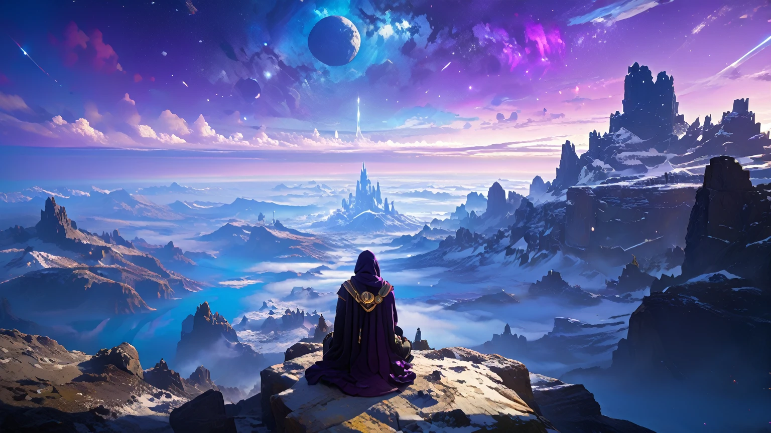 arcan3styl3v1, masterpiece, highcontrast, A jedi master with a yellow (old  ragged, cloak, hood, cape) sitting on rock meditating, top of the mountain, clouds, top view,  star wars landscape.  Blue and purple cloths, night time, space, stars, various moons, and planets, purple aurora boreal in the sky, no face, view his back from the sides, panoramic