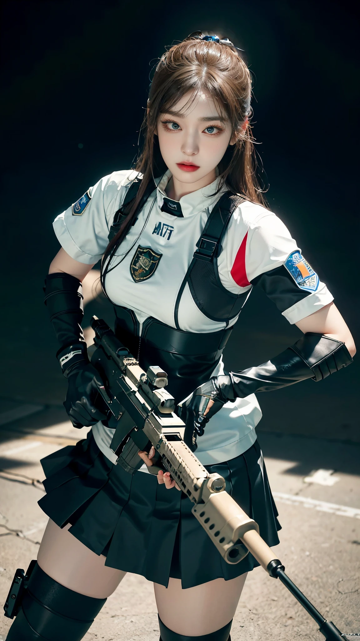 ((best quality)), photorealistic, Photorealism, Photorealistic, high resolution, 1girl aiming with an assault rifle, Beautiful, Baby Face, 20 Years Old, White Skin, pale skin, Large Breasts, huge breast,nude,visible vagina, Combat pose, looking at the camera, (Detailed face), ponytail hair, sexy body, (wearing maroon cardigan and skirt, tactical vests, military harness, black gloves, high-tech headset), cloths color based on maroon), revealed thigh, gun, Fingers are occluded, concrete cafe background，Low-cut,
