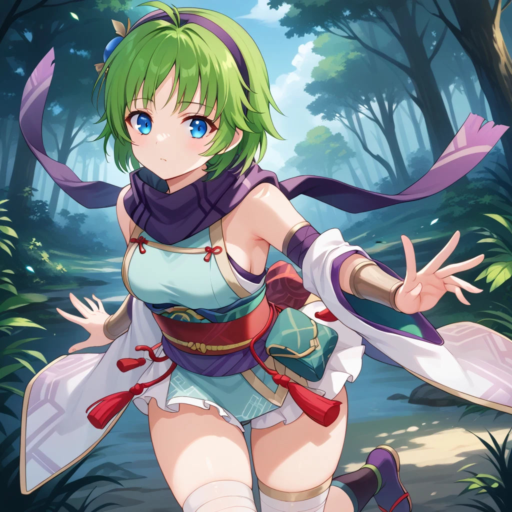 score_9, score_8_up

(masterpiece), best quality, expressive eyes, perfect face, perfect thighs, perfect anatomy, perfect breasts, perfect eyes, medium breasts, perfect thighs, perfect hips,

ninoss, blue eyes, green hair, short hair, antenna hair, purple hairband, hair ornament, forest background, night


ninja clotches, shinobi clothes, shinobi kozoku, short skirt kimono, sleveless top, mini skirt, Headwear, Scarf, Dress, Waist Cummerbund, Belt, Shorts, Socks, Legwear, Arm belt, Bracers, Bandage, Belt