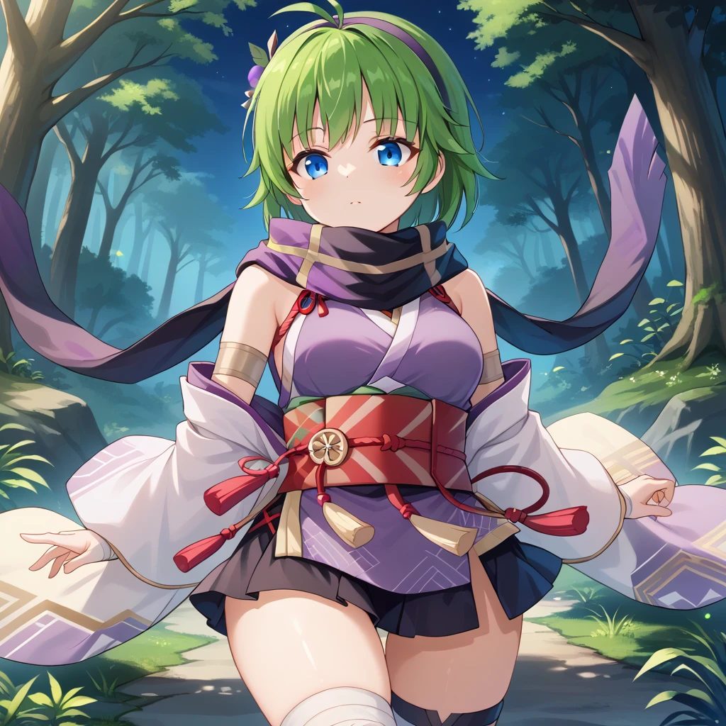 score_9, score_8_up

(masterpiece), best quality, expressive eyes, perfect face, perfect thighs, perfect anatomy, perfect breasts, perfect eyes, medium breasts, perfect thighs, perfect hips,

ninoss, blue eyes, green hair, short hair, antenna hair, purple hairband, hair ornament, forest background, night


ninja clotches, shinobi clothes, shinobi kozoku, short skirt kimono, sleveless top, mini skirt, Headwear, Scarf, Dress, Waist Cummerbund, Belt, Shorts, Socks, Legwear, Arm belt, Bracers, Bandage, Belt