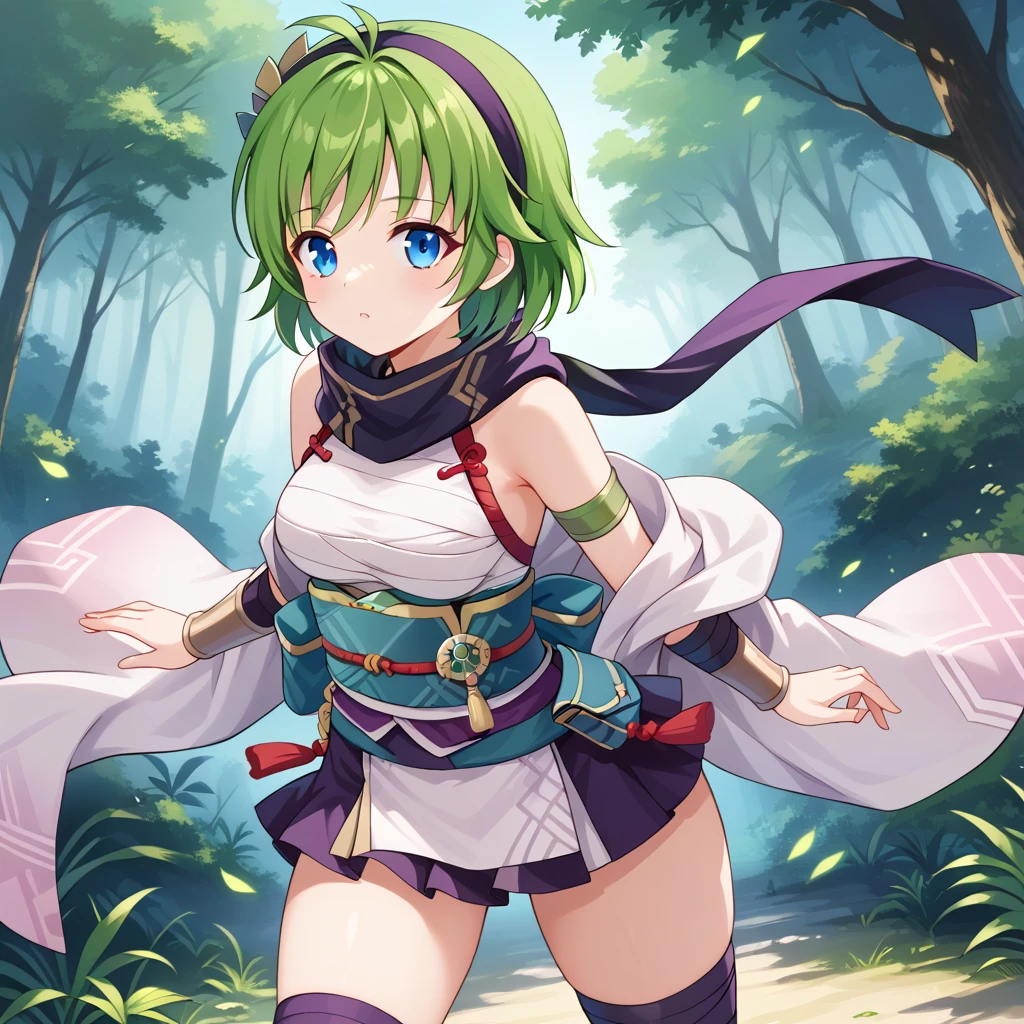 score_9, score_8_up

(masterpiece), best quality, expressive eyes, perfect face, perfect thighs, perfect anatomy, perfect breasts, perfect eyes, medium breasts, perfect thighs, perfect hips,

ninoss, blue eyes, green hair, short hair, antenna hair, purple hairband, hair ornament, forest background, night


ninja clotches, shinobi clothes, shinobi kozoku, short skirt kimono, sleveless top, mini skirt, Headwear, Scarf, Dress, Waist Cummerbund, Belt, Shorts, Socks, Legwear, Arm belt, Bracers, Bandage, Belt