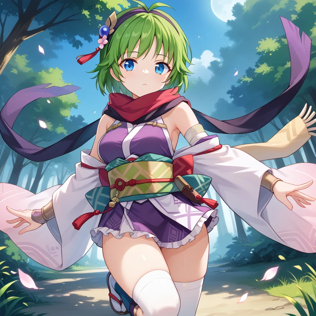 score_9, score_8_up

(masterpiece), best quality, expressive eyes, perfect face, perfect thighs, perfect anatomy, perfect breasts, perfect eyes, medium breasts, perfect thighs, perfect hips,

ninoss, blue eyes, green hair, short hair, antenna hair, purple hairband, hair ornament, forest background, night


ninja clotches, shinobi clothes, shinobi kozoku, short skirt kimono, sleveless top, mini skirt, Headwear, Scarf, Dress, Waist Cummerbund, Belt, Shorts, Socks, Legwear, Arm belt, Bracers, Bandage, Belt