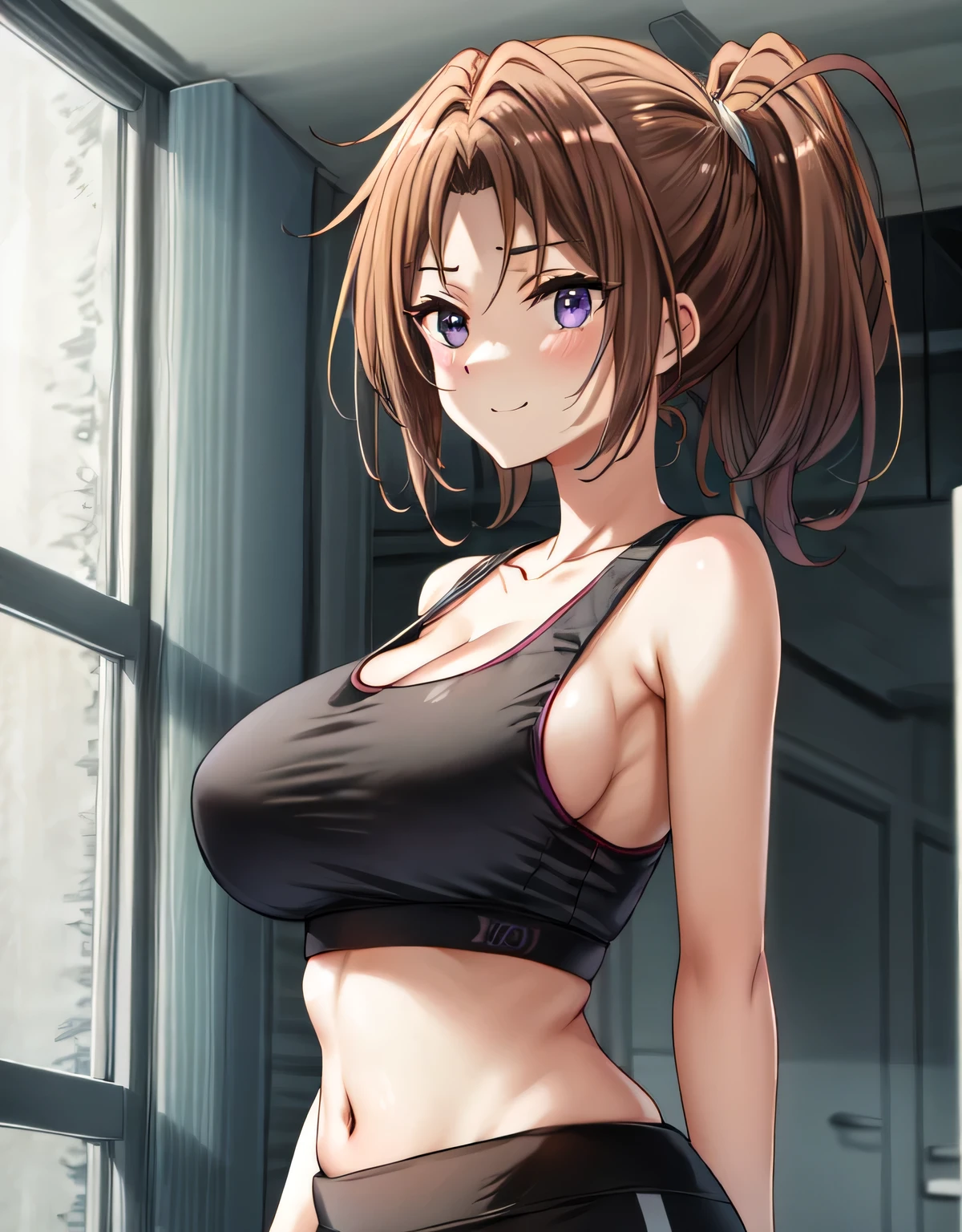 indoor,gym room,wide hips,(shiny black yoga pants),(shiny black sport bra),natsuki nakagawa,(large breasts:1.55),(shiny hair),((solo)),((masterpiece)),((best quality)),perfect anatomy,slim waist,perfect image,8k UHD,(beautiful detailed eyes:1.5),extremely detailed face,standing,(upper body:1.2),(look at the front:1.5),ultra-detailed,absurdres,ultra-highres,arms behind back,light smile,blush,(purple eyes),navel,