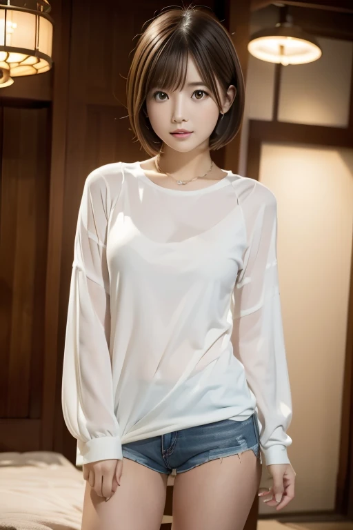 Professional, (4k photos:1.1) 、((preteen)), Beautiful Girl, Model body, Big blue eyes, Small breasts, Long legs, Ethereal beautiful body, jaw-dropping beauty、slim, Petite, Soft light, high detailing, Wearing (Tight shirt:1.2), beautifull detailed face, Hazel eyes, short blonde hair, (attractive young woman:1.3),realistic skin textures、Lustrous skin、Exposed thighs!!!