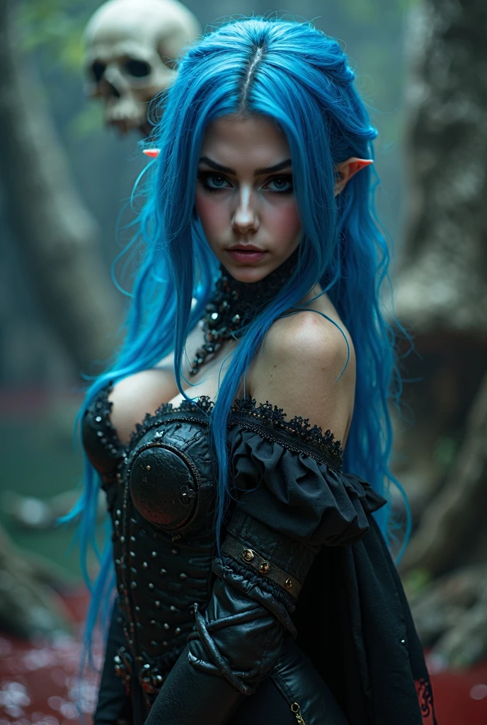 RAW, professional photograph, medium shot, photorealistic, hyper-realistic, ray tracing, super detail, UHD, 8k, female elf, twenty years old, goddess, gold jewelry, athletic body, soft facial features, braided hair, long hair, light blue hair, blue eyes, gothic style, dark dungeon, gothic architecture