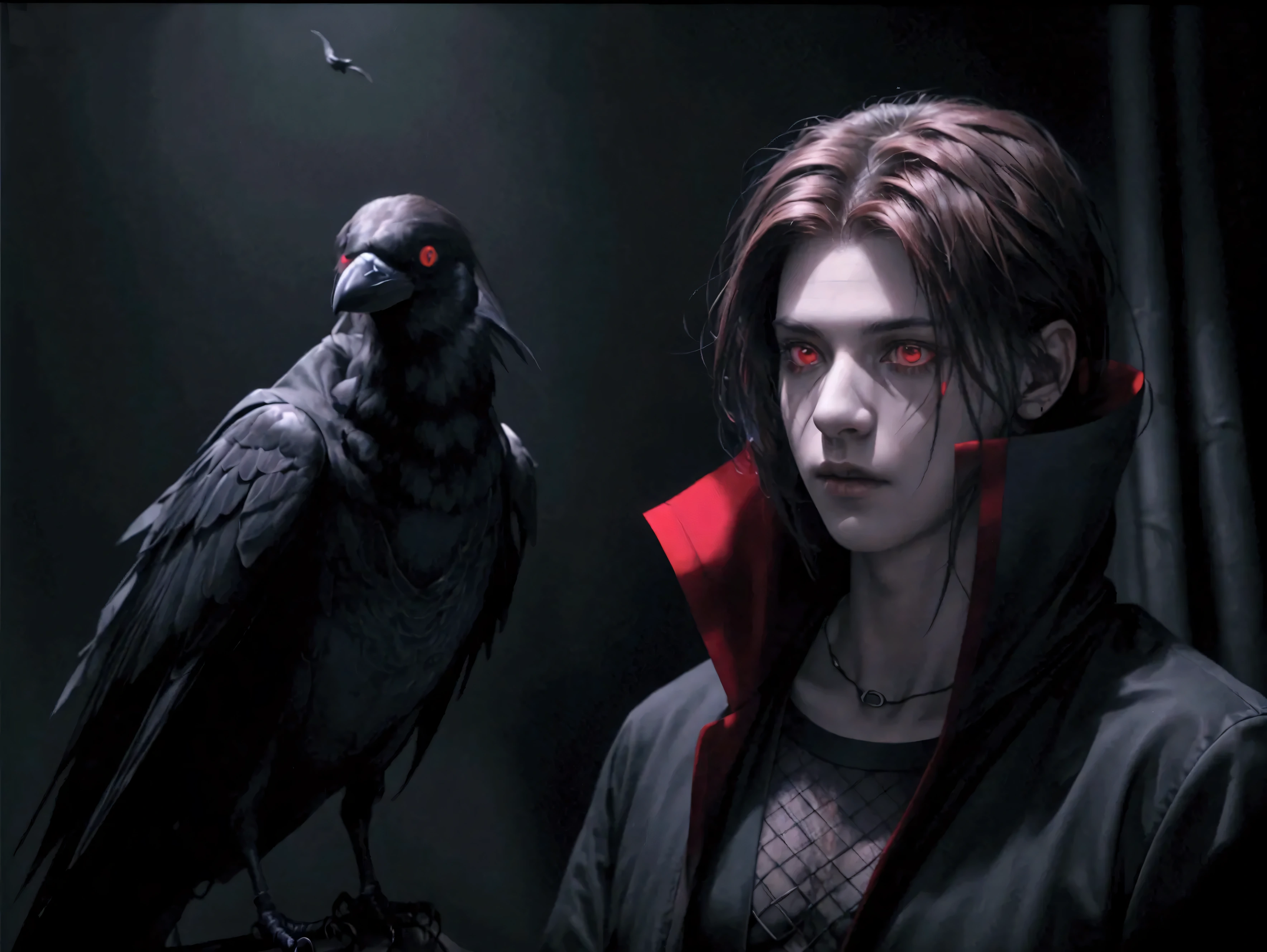 A boy with brown hair, glowing red eyes, his body fading into crows, eerie atmosphere, dark night, (best quality, 4k, high resolution, masterpiece:1.2), ultra-detailed, realistic, dramatic lighting, ominous shadows, intricate feather details, mysterious environment, deep blues and blacks, surreal art style
