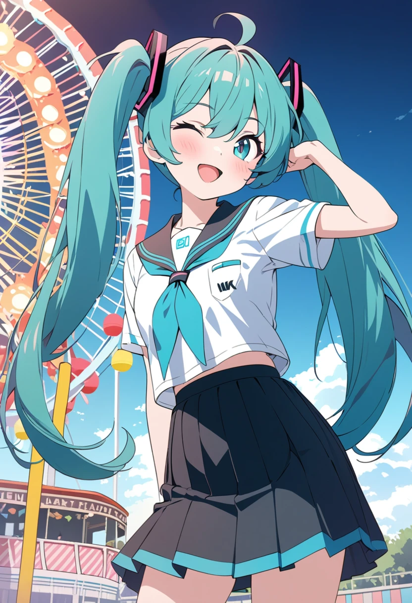 High quality, Ultra detailed, best quality, insanely detailed, beautiful, masterpiece,(negative_v2 Color_Balance_Calibration:0.8),  detailxl, (SuperQuality:1.0),pastel colors,8k, anime art style, illustration, 1girl, cowboy shot, looking at viewer,Very_cute, cute Hatsune Miku wearing a school uniform,The school uniform is a sailor uniform ,The skirt length is short,Striking a cute pose,Teehee,open mouth, only one eye is open, smile, blush, stick out tongue,OMMC.I'm having fun at the amusement park