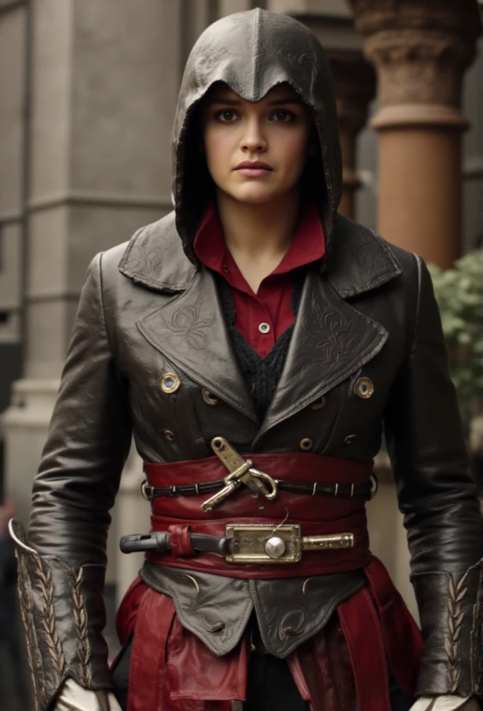 Full-body Olivia Cooke wearing the costume of Ezio from Assassin's Creed 2 in a game-inspired pose